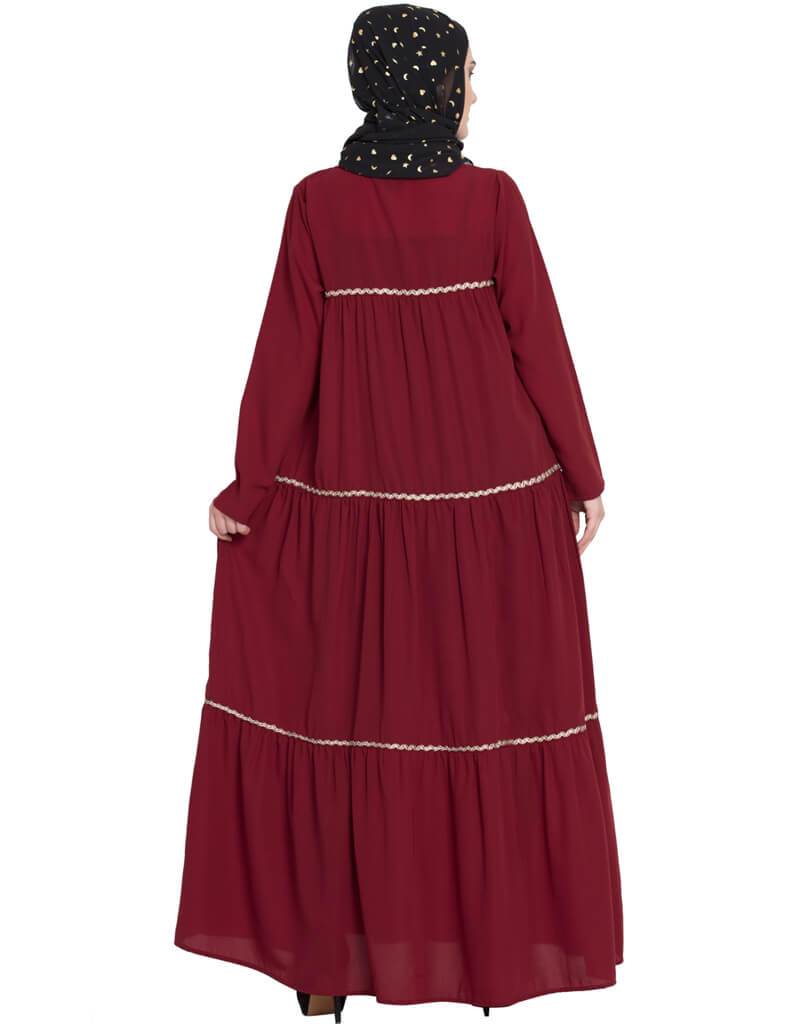 Elegant Arabic 3-Panel Gathered Abaya with Zig Zag Lace Flare - Maroon Color for Women | Perfect for Eid, Wedding & Special Occasions