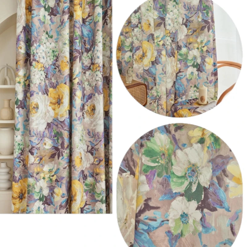 Custom French Botanical Canvas Blackout Curtains for Bedroom & Living Room - Elegant Floral Print Window Treatments for Light Blocking & Privacy