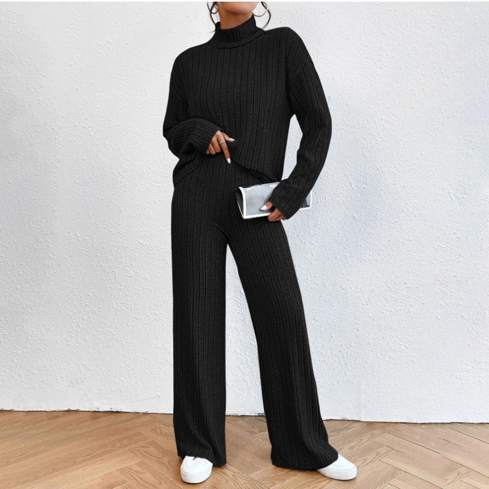 Women's Solid High Neck Pullover Sweater & Wide Leg Lounge Pants Set - Casual Two Piece Outfit for Home, Office & Fall 2024 Fashion