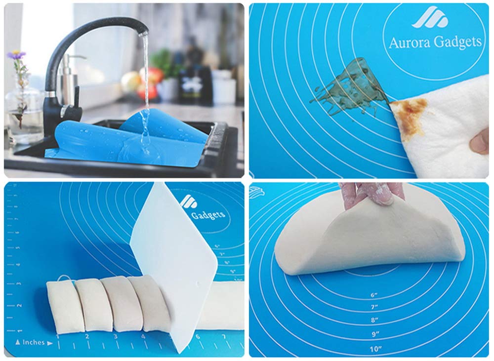 Non-Stick Silicone Baking Mat with Measurement Marks - Heat Resistant Up to 480°F, BPA Free, Reusable Pastry Dough Rolling Mat - Dishwasher Safe, Easy to Clean, Won't Discolor - Perfect for Cookies, Bread, Pizza & Pastry Making (Blue)