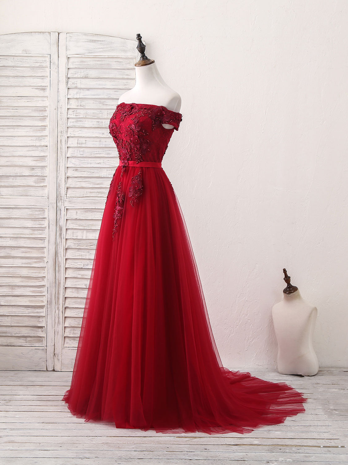 Elegant Burgundy Off Shoulder Tulle Lace Applique Long Prom Dress - Formal Evening Gown for Homecoming, Wedding, and Special Occasions