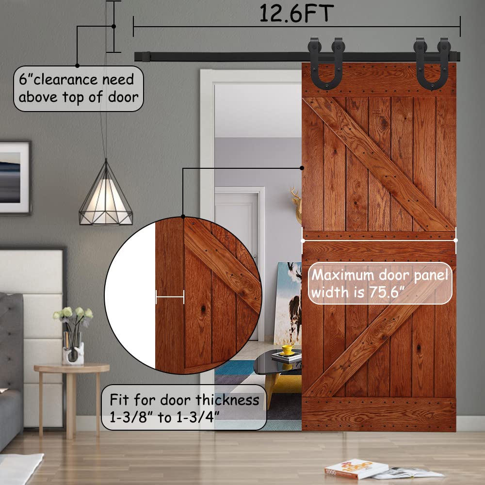 12.6FT Heavy Duty Sliding Barn Door Hardware Kit - Rustic Horseshoe Hanger Roller Track System for Single 75.6