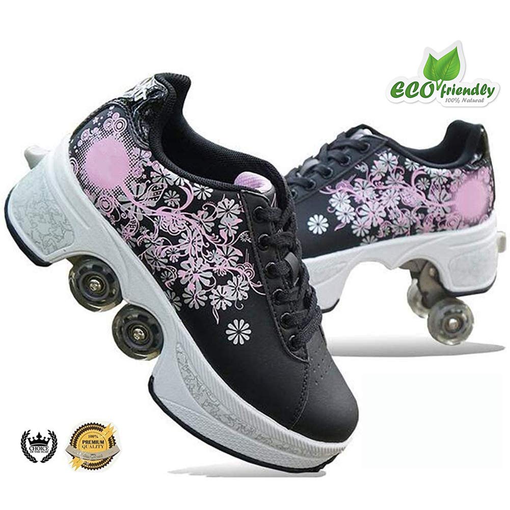 LRZ Adjustable Ice Skates with Pulley - Convertible Quad Roller Skates for Adults & Kids - Outdoor Sports, Fitness & Fun for All Ages