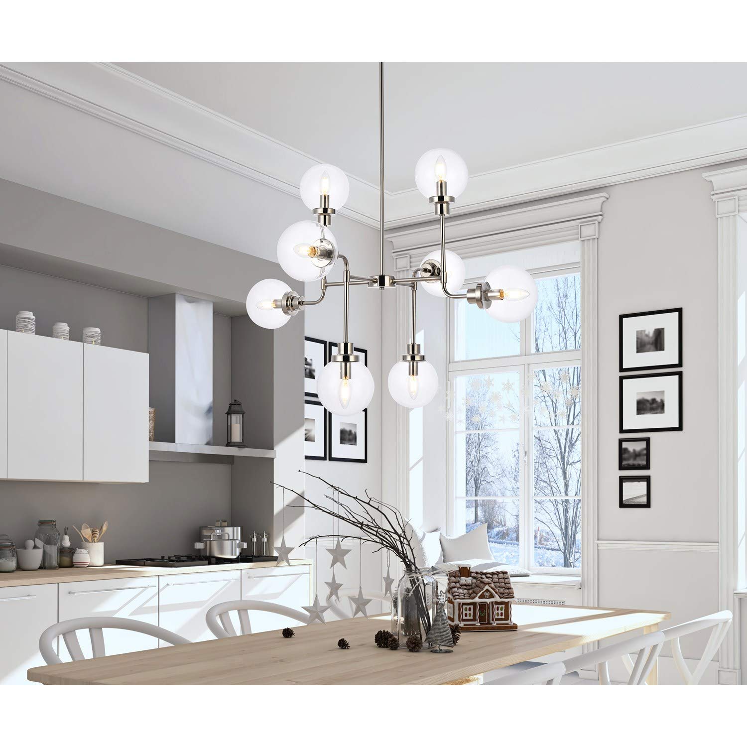 Hanson 8-Light Modern Pendant Lighting Fixture in Polished Nickel with Clear Glass Shade - Perfect for Dining Room, Kitchen Island, or Entryway Lighting