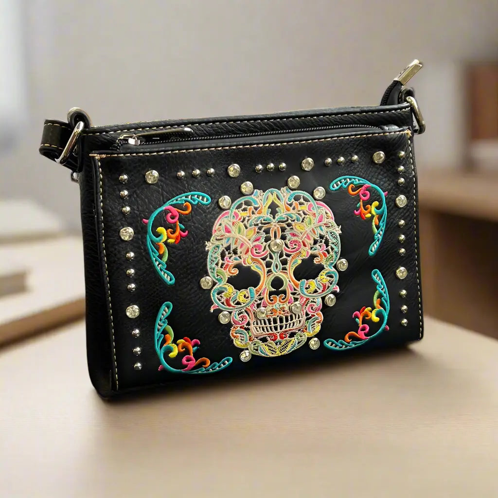 BOL Cross Body Sugar Skull Handbag for Women - Mexican Day of the Dead Style Small Purse - Perfect for Halloween, Dia de los Muertos, and Festival Outfits