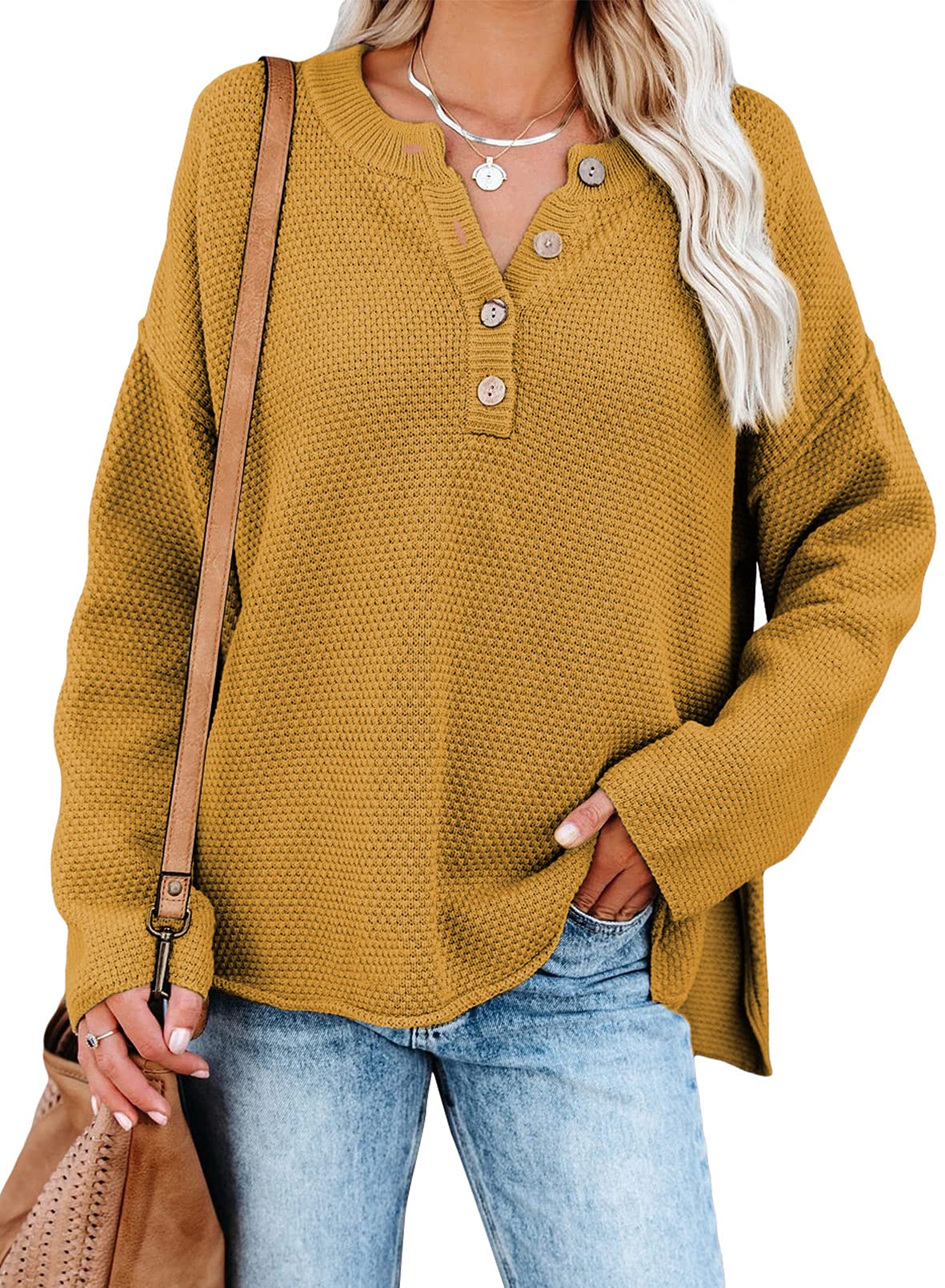SHEWIN Women's Waffle Knit V-Neck Sweater - Long Sleeve Casual Button Henley Pullover Top with Side Slits | Perfect for Fall Layering, Office Wear & Coffee Dates