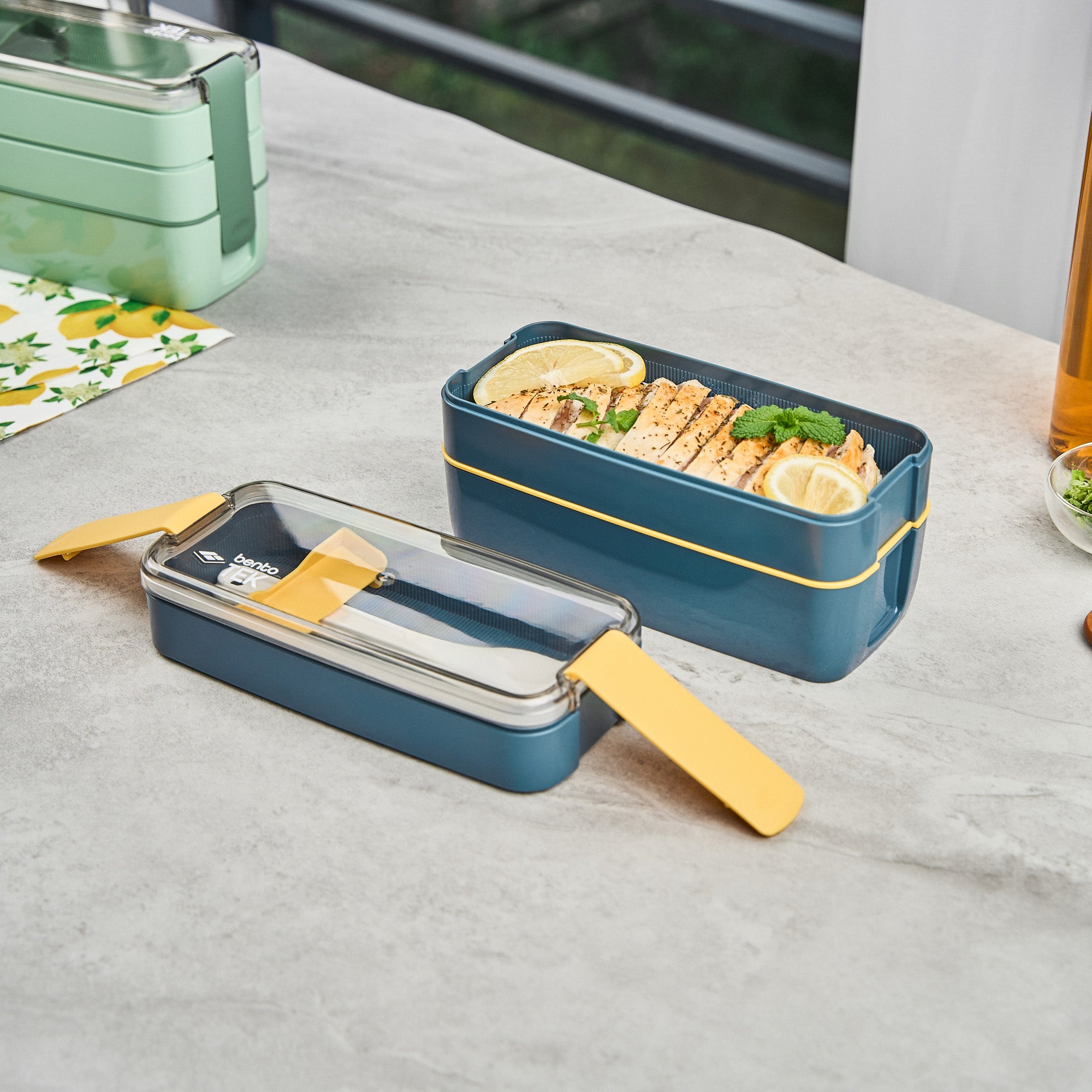 Bento Tek 30 oz 3-in-1 Lunch Box Set - BPA Free, Microwave Safe, Leak Proof with Fork & Knife - Blue & Yellow (7.5