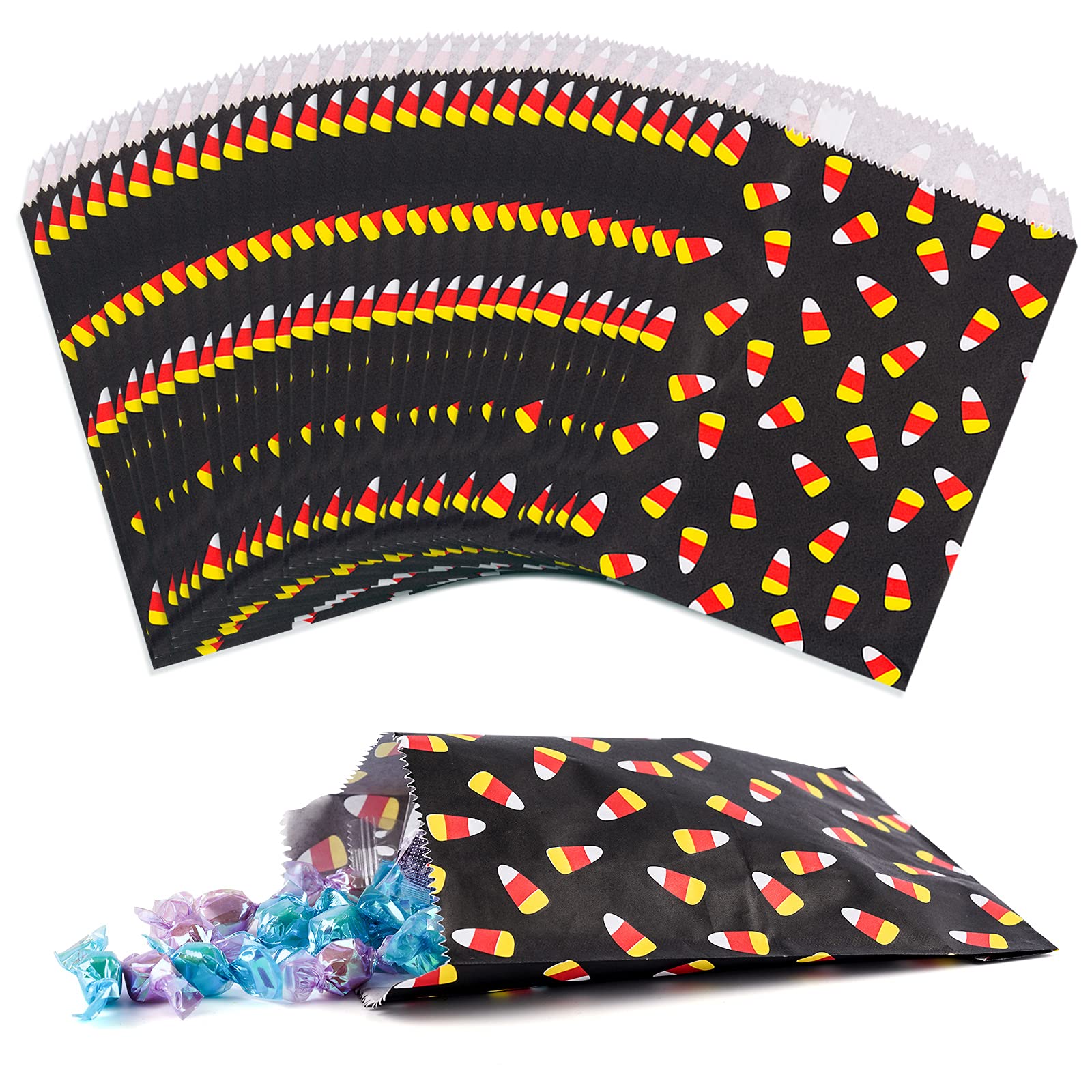 Kolewo4ever 100-Pack Halloween Treat Bags - Orange Candy Corn Design Paper Gift Bags for Chocolate, Cookies & Party Favors | Perfect for Trick-or-Treating, Classroom Treats & Halloween Buffets