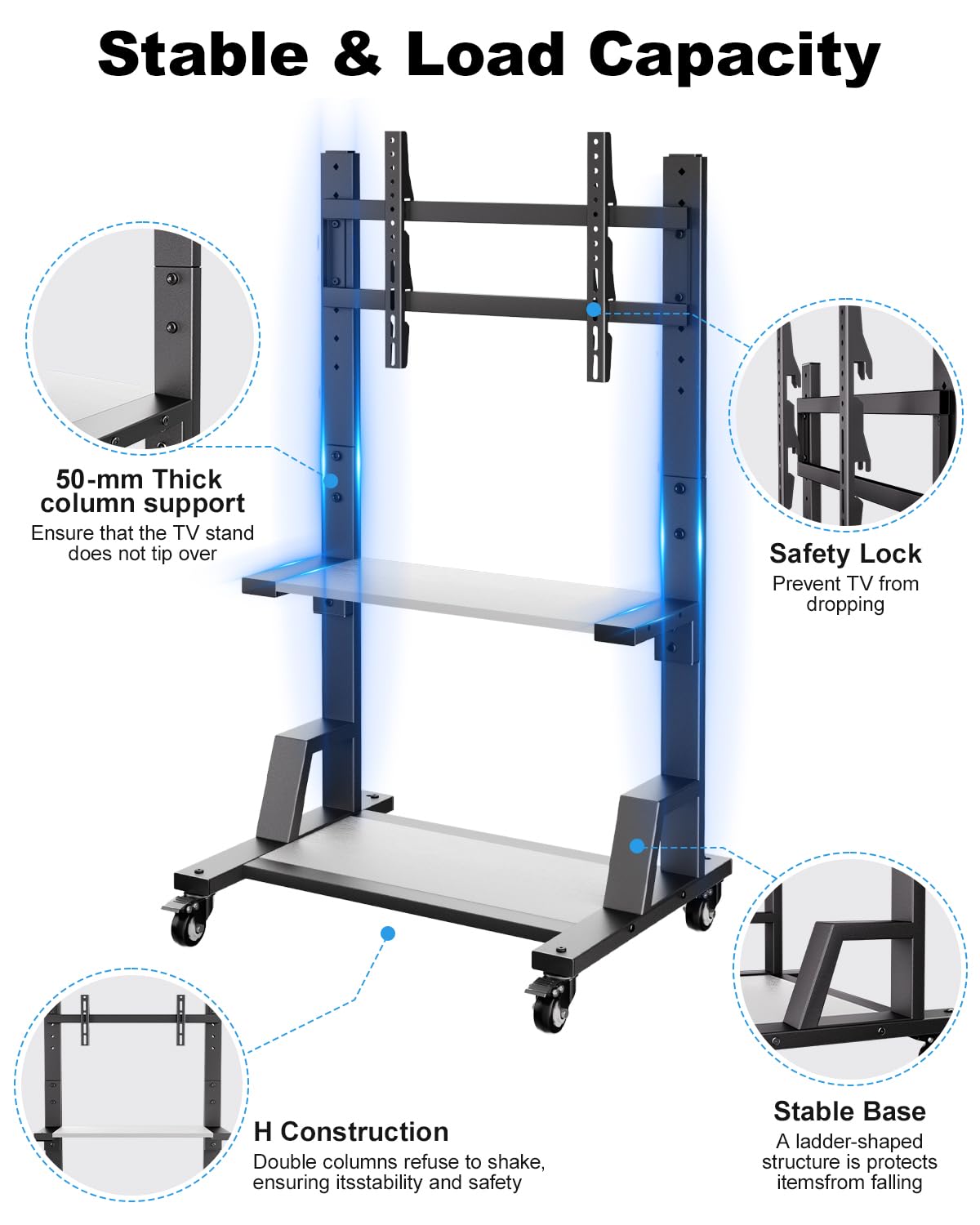 AENTGIU Mobile TV Stand with Wheels for 32-75 Inch TVs - Heavy Duty Rolling TV Cart Holds 150 lbs - 2-Tier White Metal TV Stand with Shelves - Perfect for Living Room, Bedroom & Office Entertainment Setup