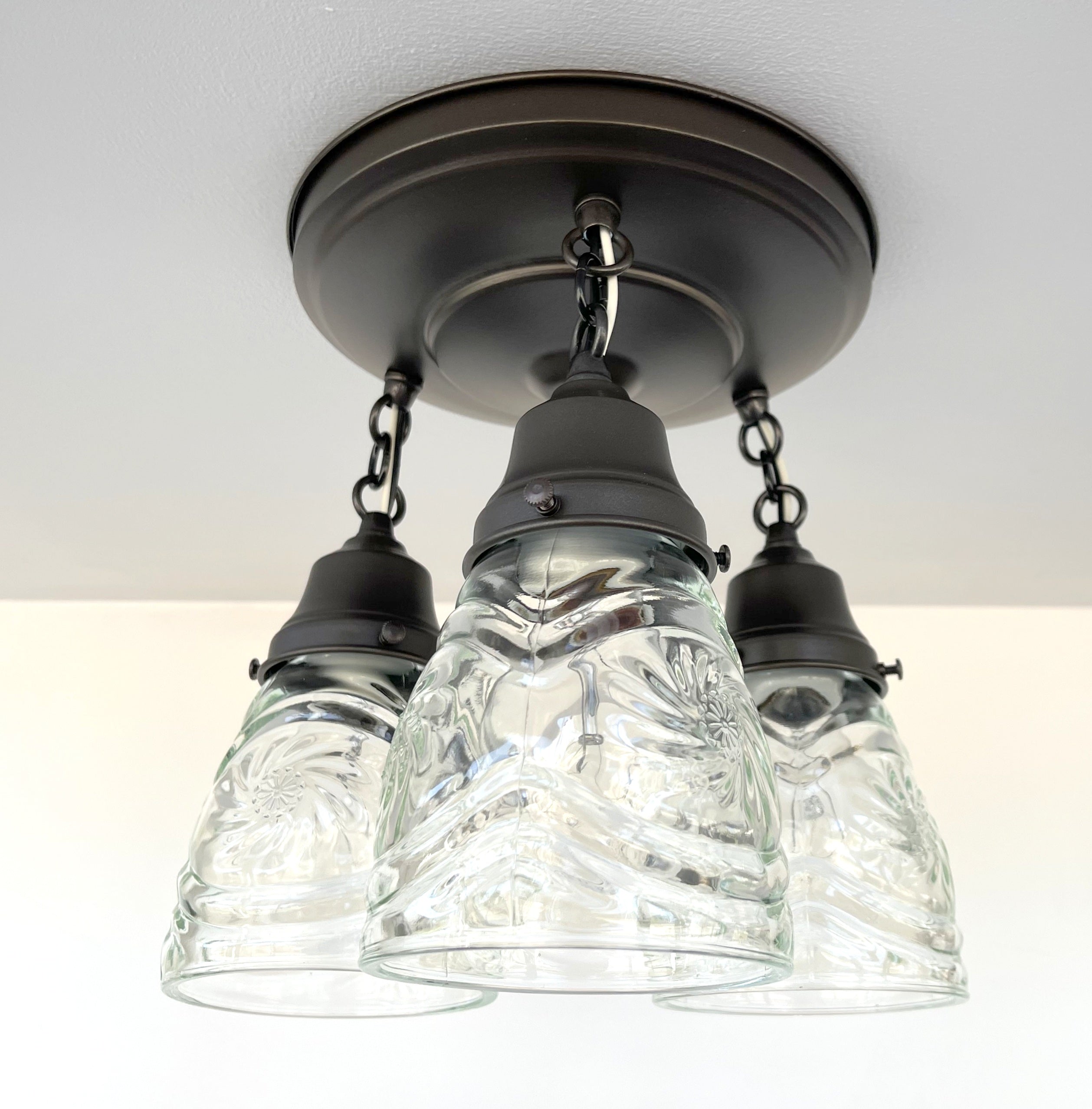 Vintage 1960s Pressed Glass Ceiling Light Fixture with Chain - Set of 3 Mid-Century Modern Pendant Lights for Dining Room, Kitchen Island & Entryway Lighting