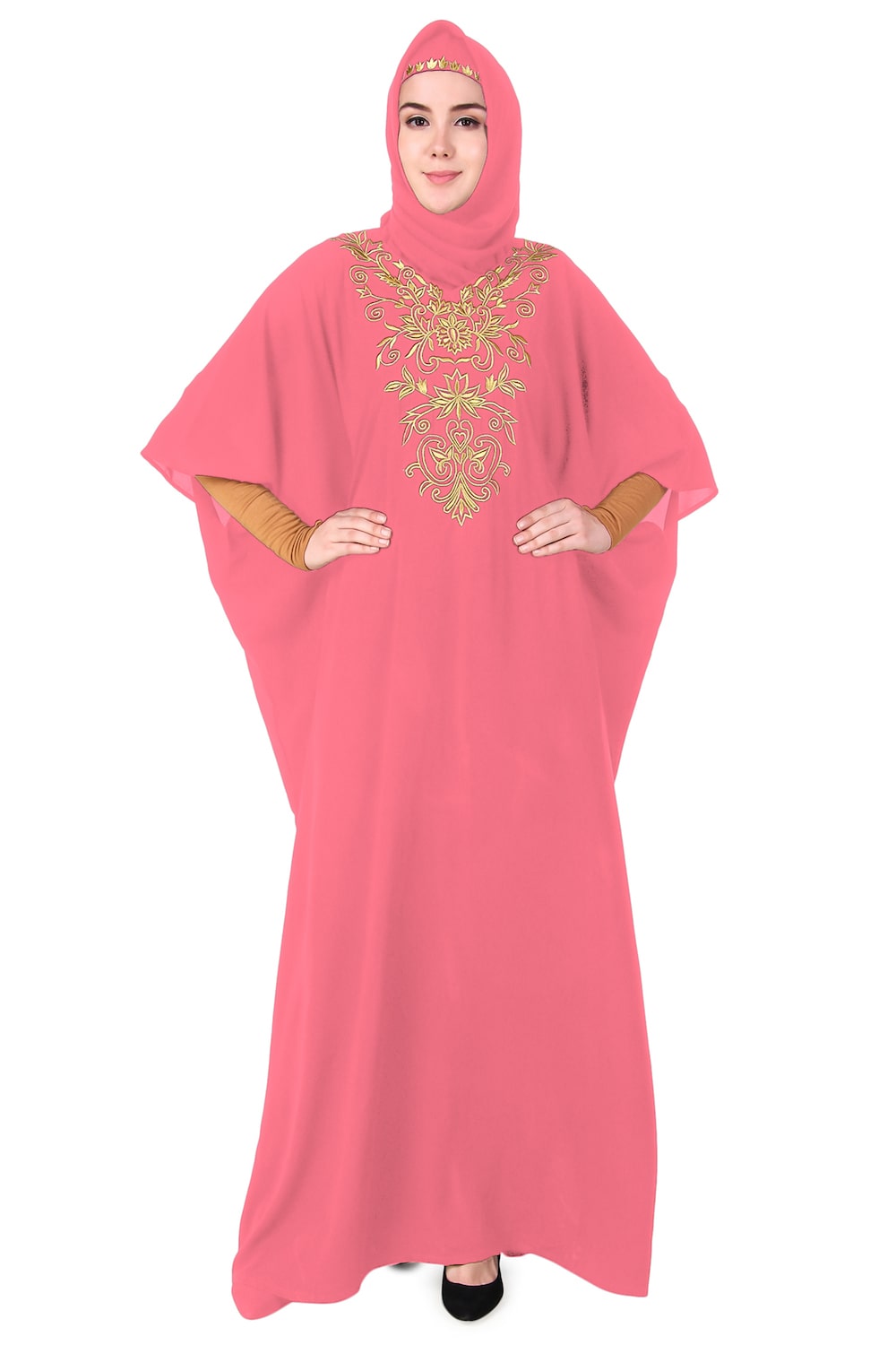 Embroidered Floral Gold Kaftan Dress for Women - Elegant Boho Maxi Dress for Beach, Party & Special Occasions