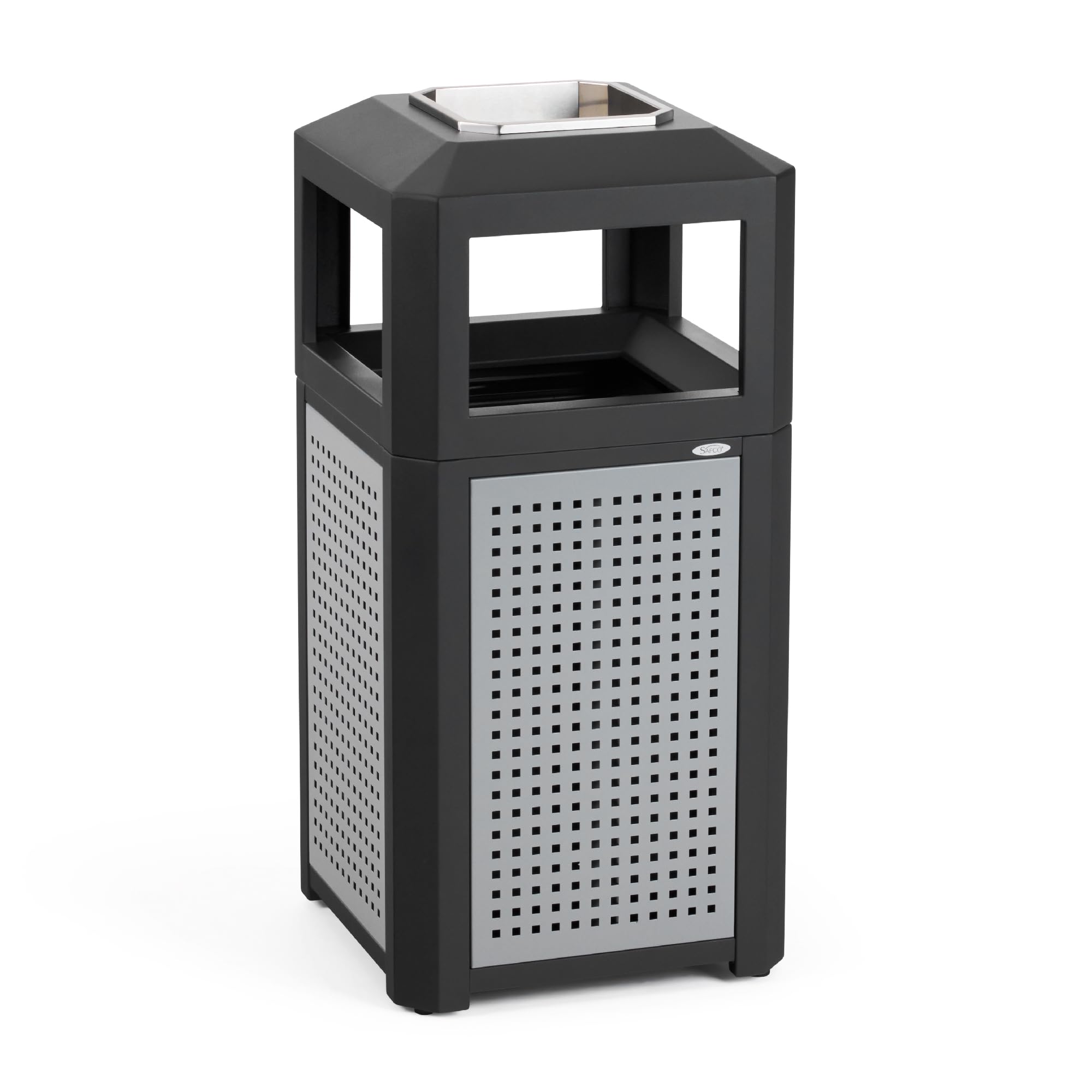 Safco Evos 15-Gallon Heavy Duty Steel Trash Can with Plastic Liner & Ashtray - Indoor/Outdoor Garbage Bin for Home, Office, Garage & Commercial Use