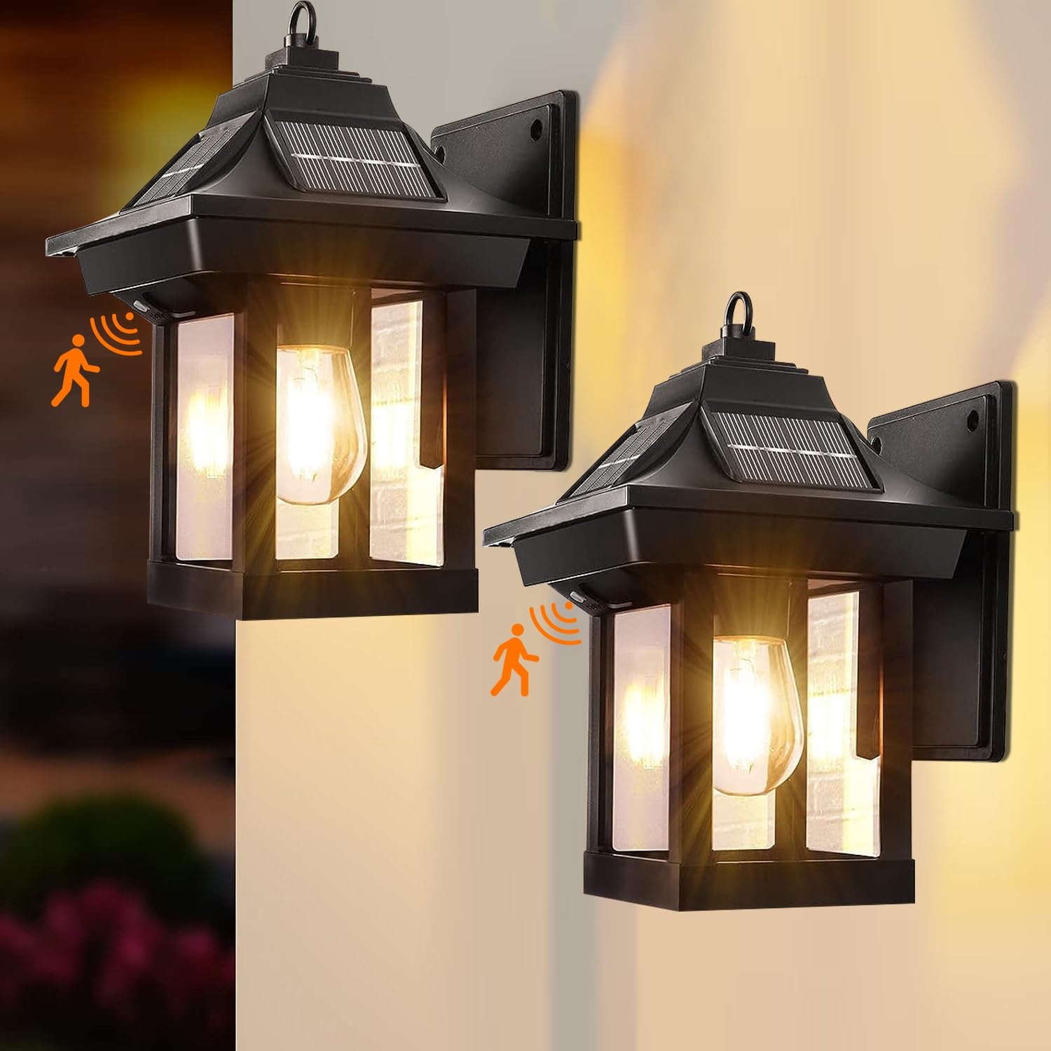 JESENBIL 2 Pack Solar Outdoor Wall Lights with Motion Sensor - 3 Mode Wireless LED Waterproof Wall Lantern for Patio, Front Door, Garden & Pathway | Dusk to Dawn Solar Sconce Lighting for Home Exterior & Security