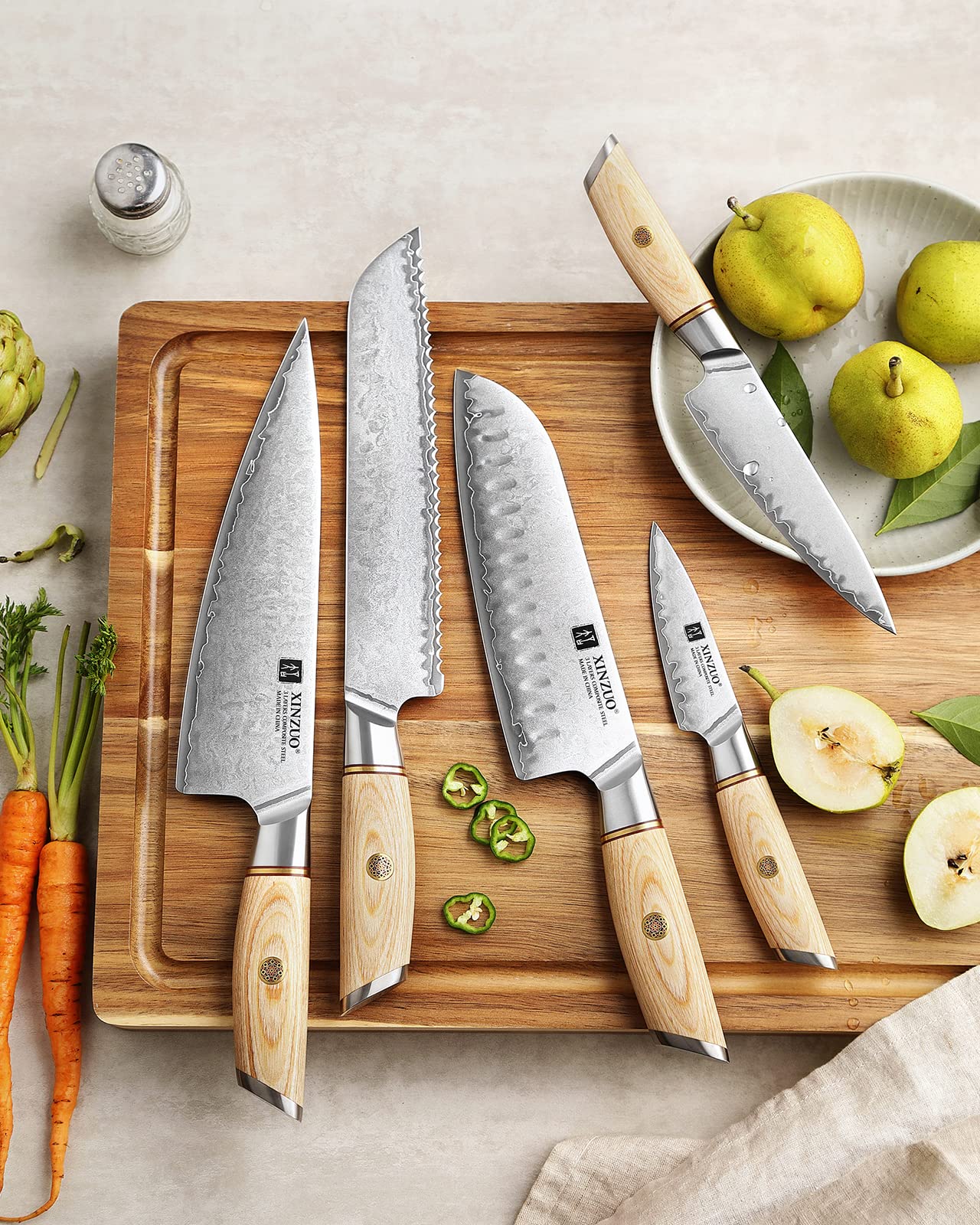 Premium XINZUO Chef Knife Set - 8-Piece High Carbon Steel Japanese Kitchen Knives with Pakkawood Handle for Professional Chefs & Home Cooking | Includes Santoku, Utility, Paring & Bread Knives | Perfect for Slicing, Dicing & Meal Prep | Elegant Gift Box Packaging