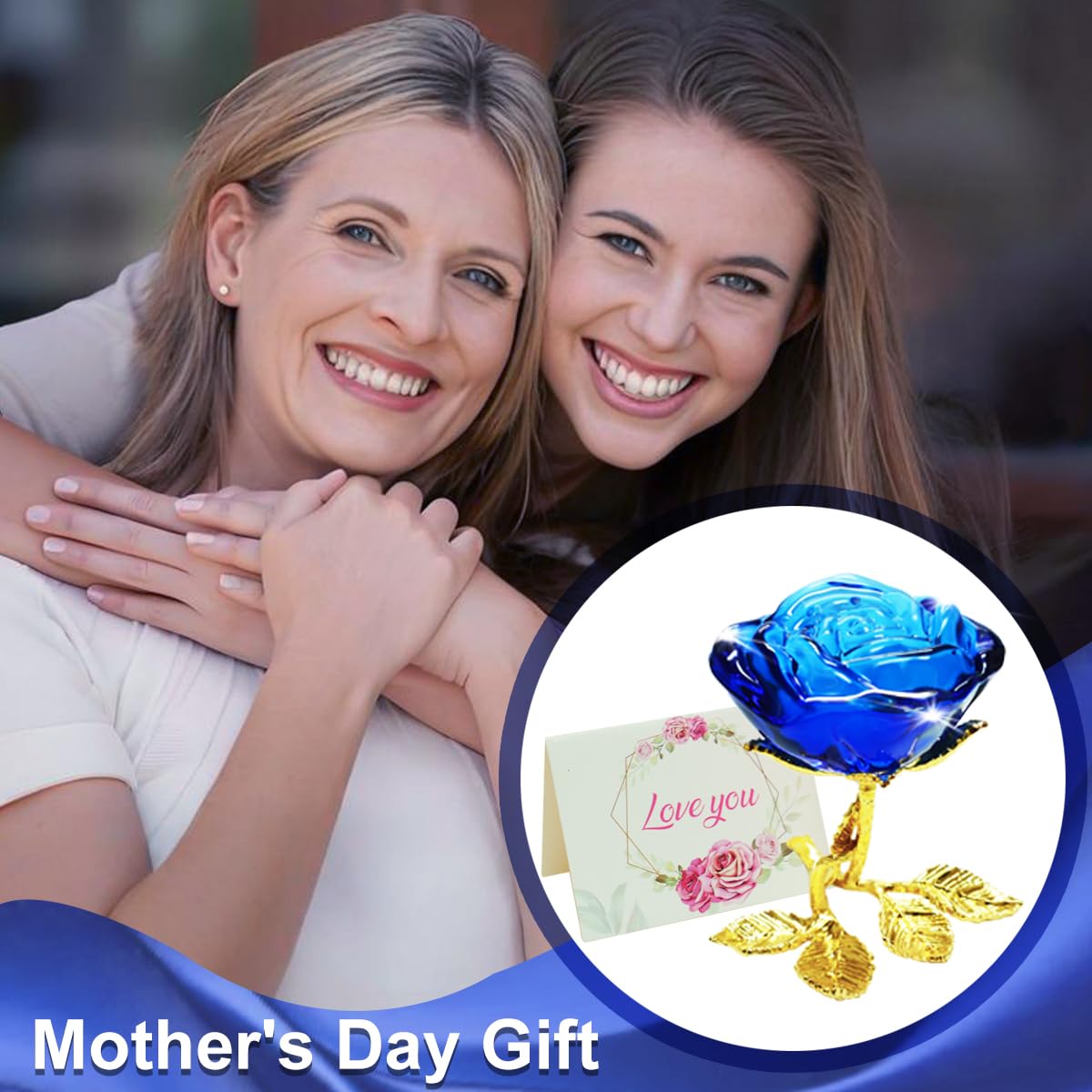 Blue Crystal Rose Gift for Women - Elegant Glass Rose with Golden Leaves, Unique Present for Girlfriend, Wife, Mom | Perfect for Valentine's Day, Mother's Day, Christmas, Birthday, Anniversary | Home Decor, Wedding Centerpiece, Romantic Gift Idea