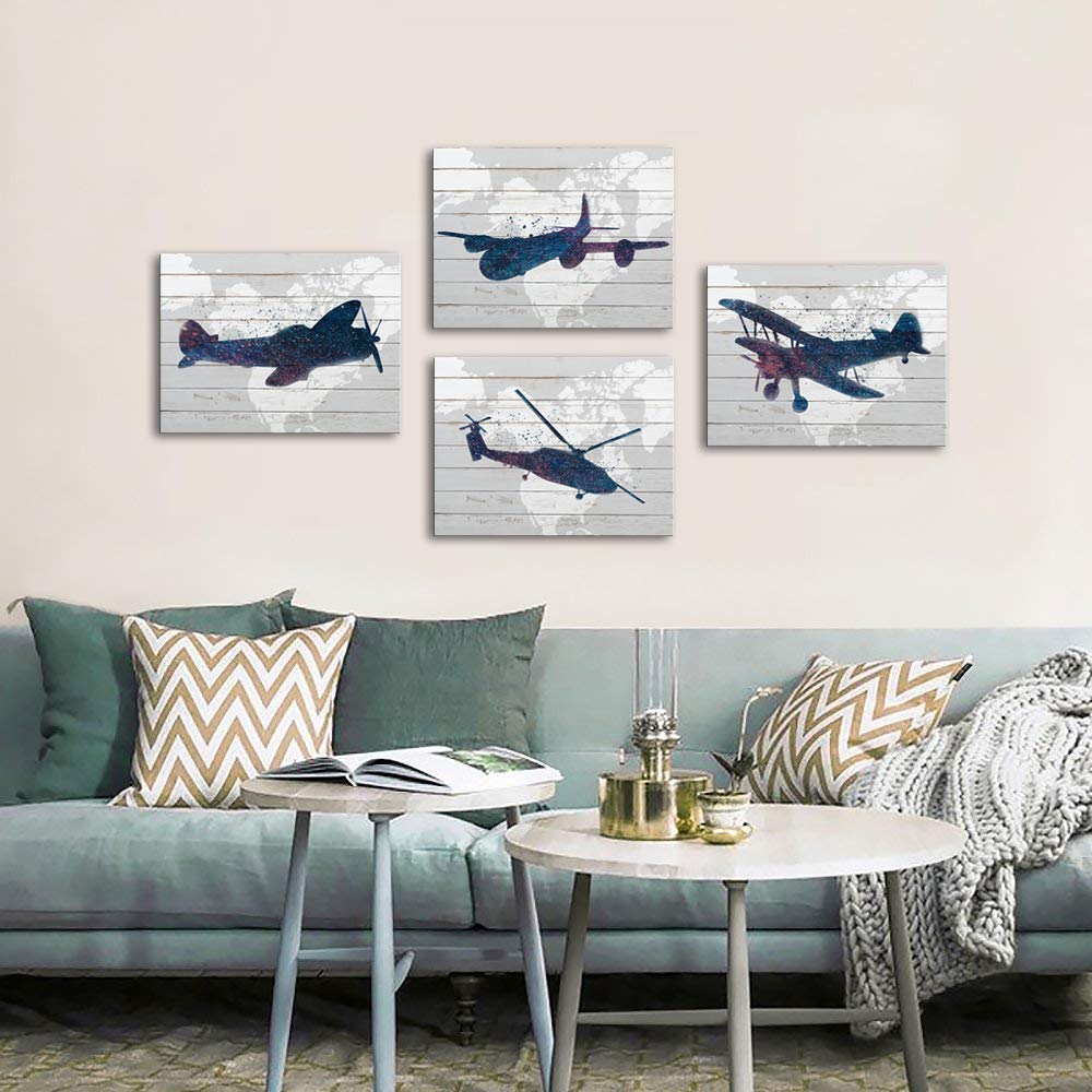 LoveHouse Airplane Wall Art Decor for Boys Room - Aviation Themed Kids Bedroom Painting, Adventure Nursery Prints - Perfect for Boys Bedroom, Playroom & Themed Party Decor