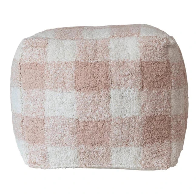 Cozy Cotton Tufted Pink Plaid Pouf Ottoman - Soft Footrest & Living Room Decor Accent for Girls' Bedroom, Nursery or Lounge Area