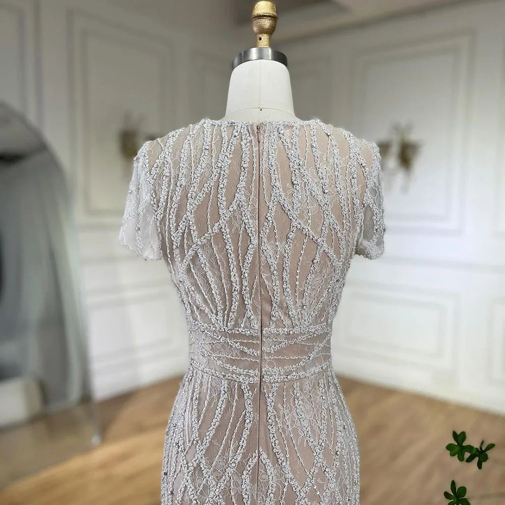 Elegant White Beaded Ankle-Length Evening Dress with Feathers - LA72076A | Perfect for Prom, Gala & Formal Events