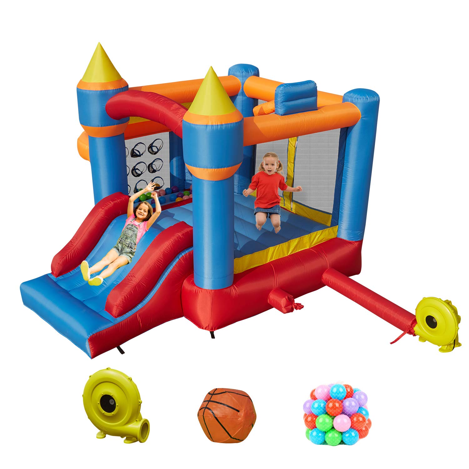 Inflatable Bounce House for Kids with Slide, Basketball Hoop & Ocean Ball Pit - Includes 680W Blower, Carry Bag, Repair Kit, Stakes & Hose | Perfect for Birthday Parties, Backyard Play & Outdoor Family Fun