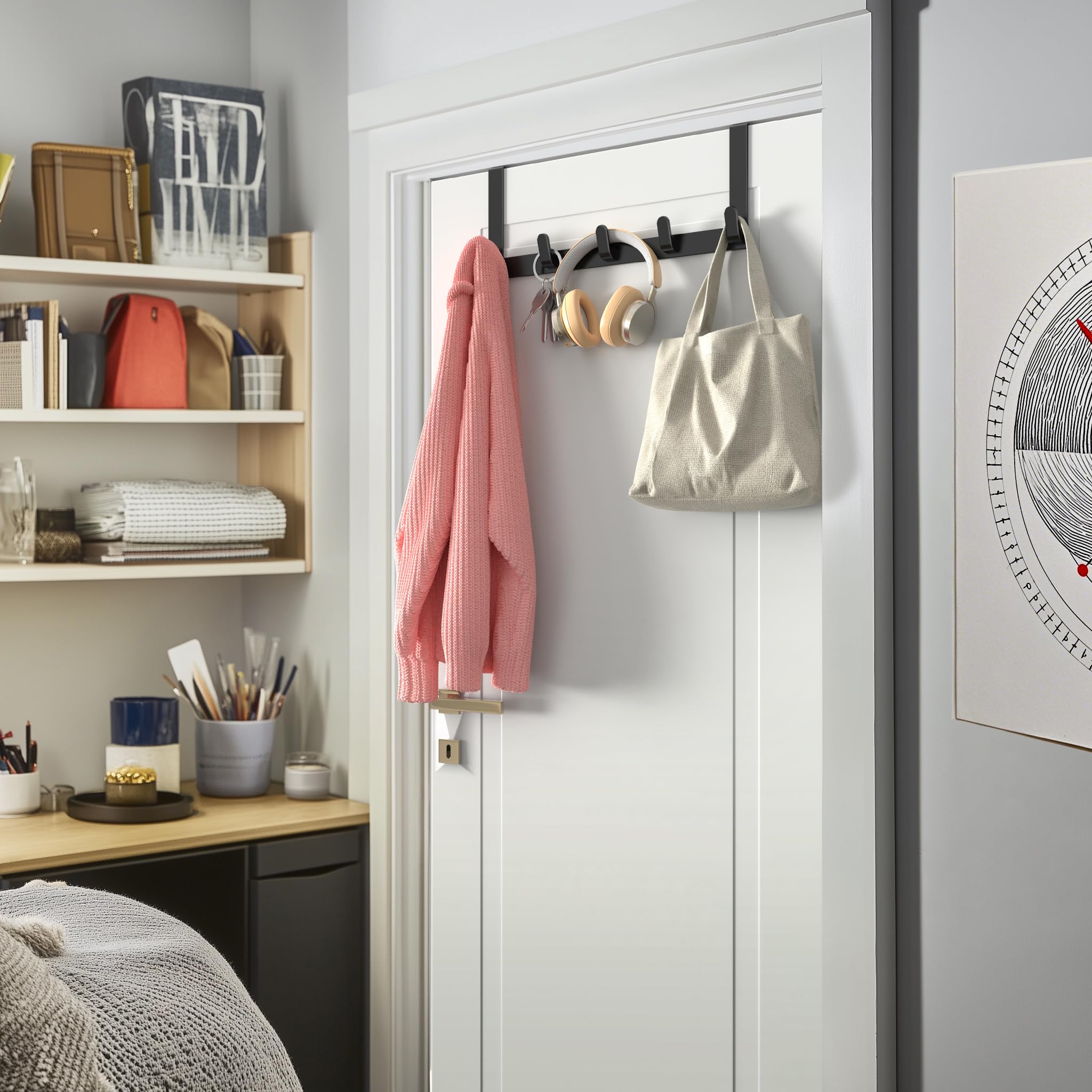 Over The Door Hooks Hanger - 2 Pack with Extended Brackets for Easy Installation - Matte Black Bathroom Towel Rack Organizer - Perfect for Bathroom, Bedroom, and Closet Storage Organization