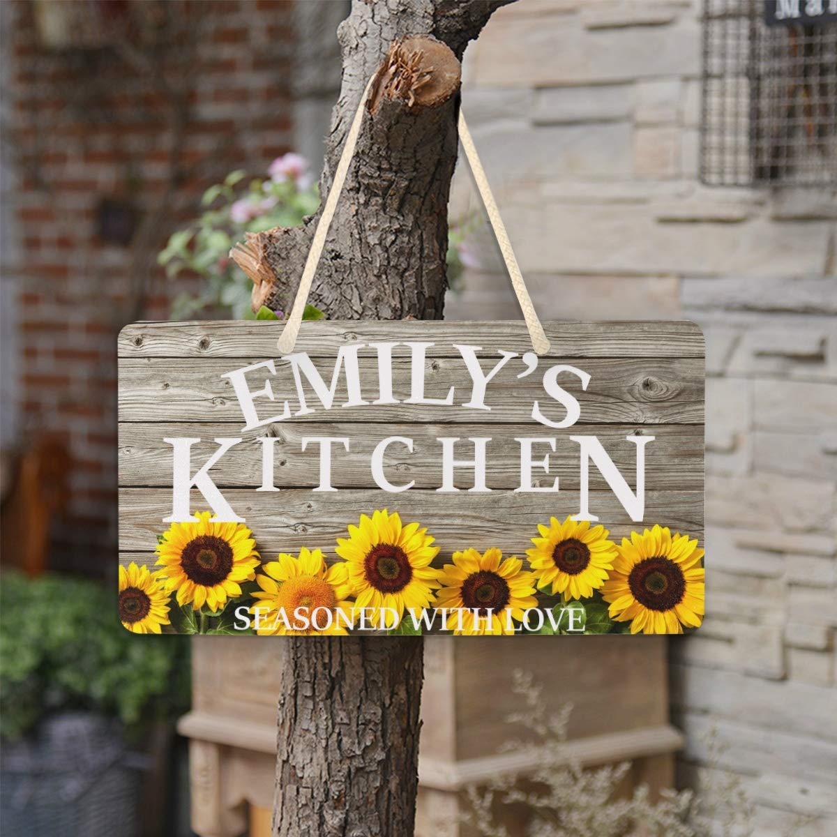 Custom Sunflower Kitchen Decor - Personalized Hanging Sign with 'Seasoned with Love' - Handmade Home Wall Decor for Farmhouse, Dining Room & Housewarming Gift