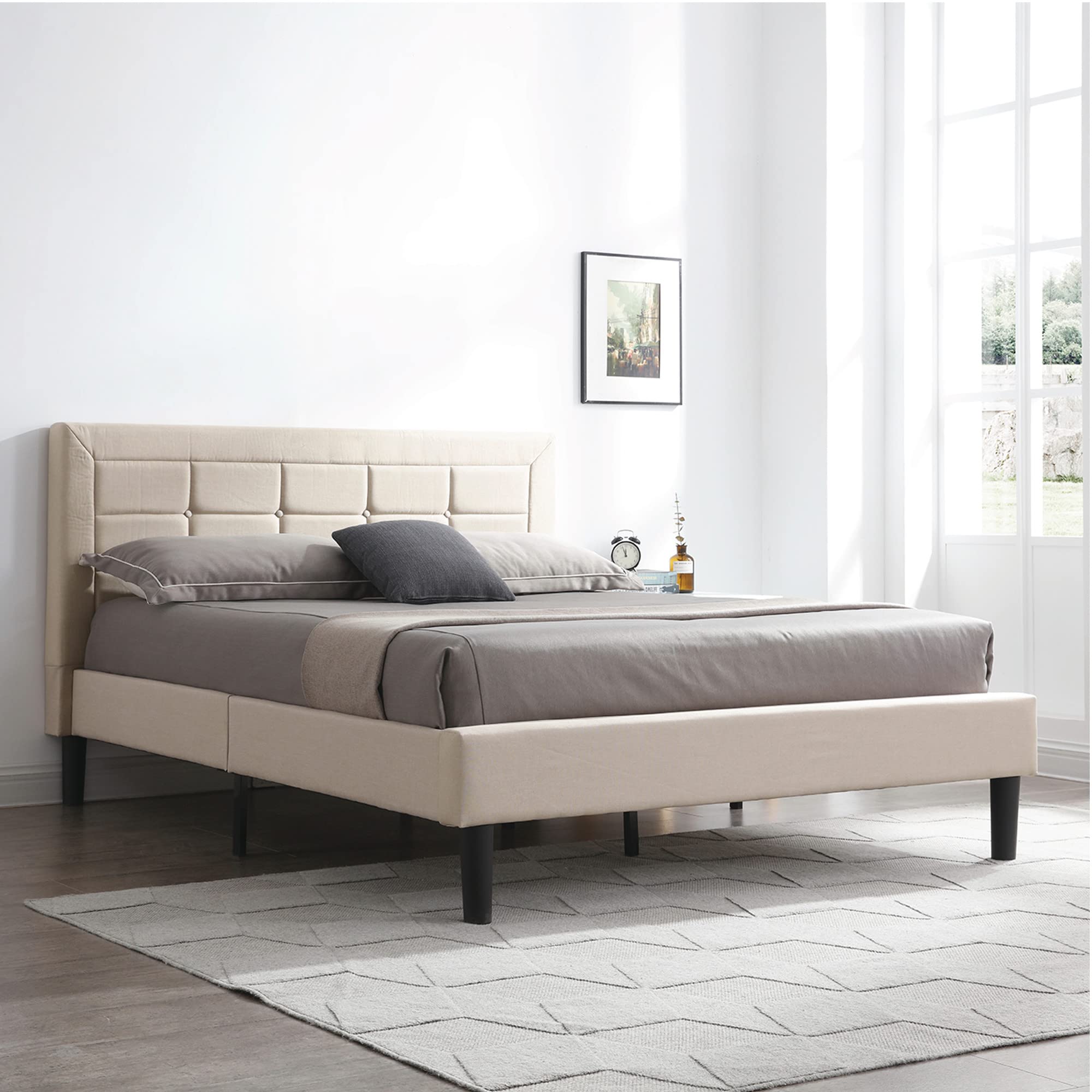 Classic Brands Mornington Upholstered Platform Bed with Headboard - Full Size Beige Wooden Frame & Slat Support | Perfect for Modern Bedrooms, Guest Rooms & Small Spaces