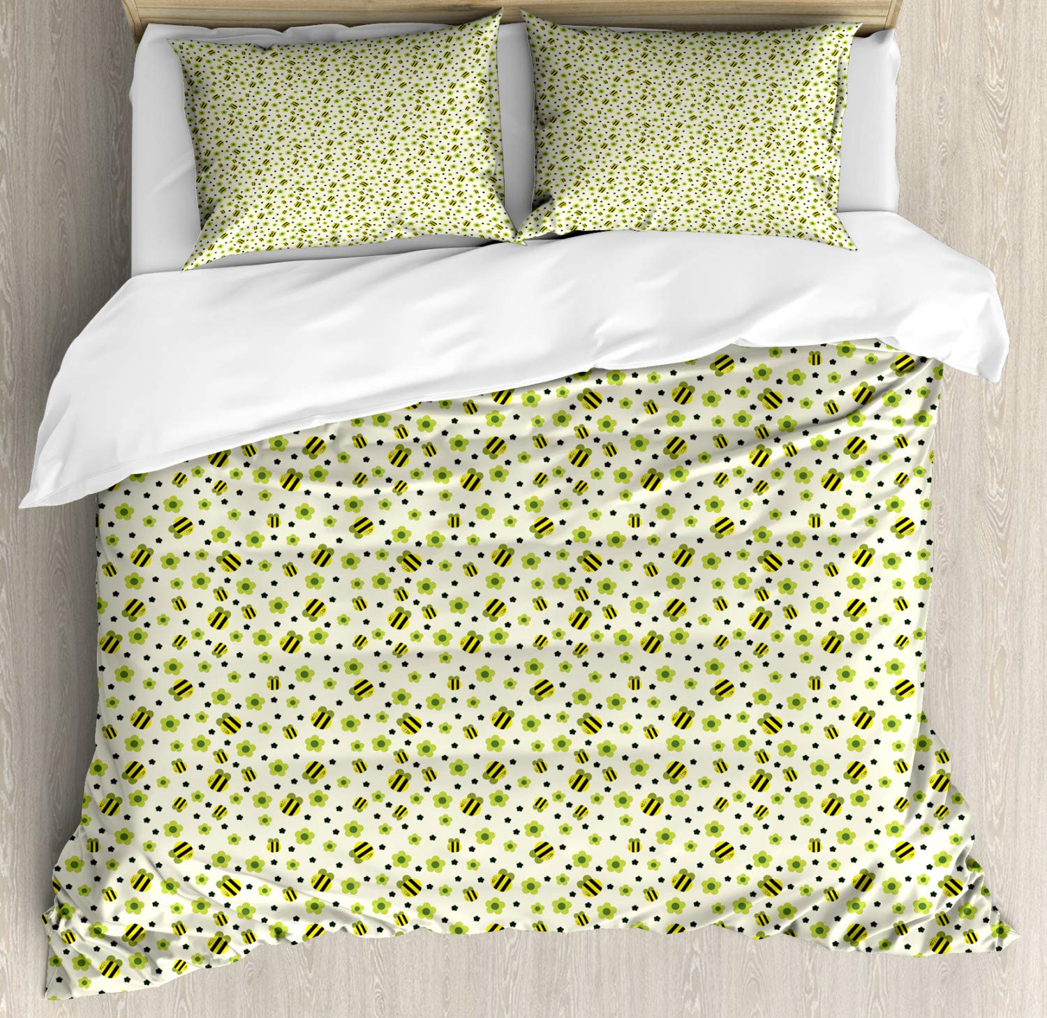 Ambesonne Floral Insect Duvet Cover Set - King Size 3-Piece Bedding with Happy Bees & Flower Patterns in Apple Green & Yellow - Perfect for Spring & Summer Bedroom Decor
