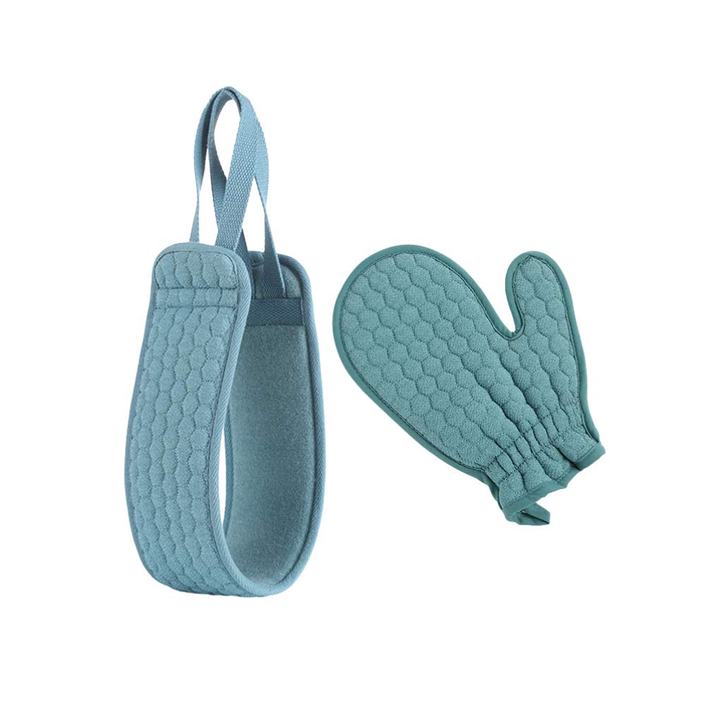Beaupretty 2-Pack Exfoliating Bath Sponges & Wash Gloves Set - Soft Loofah Scrubber for Men & Women, Cyan Striped Back & Bathing Gloves (Great for Shower, Spa & Body Exfoliation)