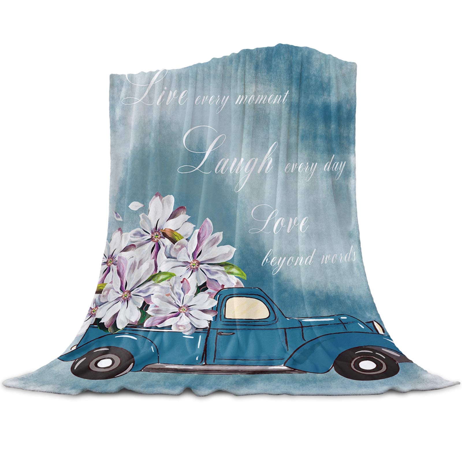 **LUSWEET Lightweight Fleece Throw Blanket - 50x60 Inch Cozy Flannel Blanket with Magnolia Flower & Vintage Blue Truck Design - Soft Microfiber for Sofa, Bed, Couch - Perfect for Winter Nights, Movie Time & Home Decor**