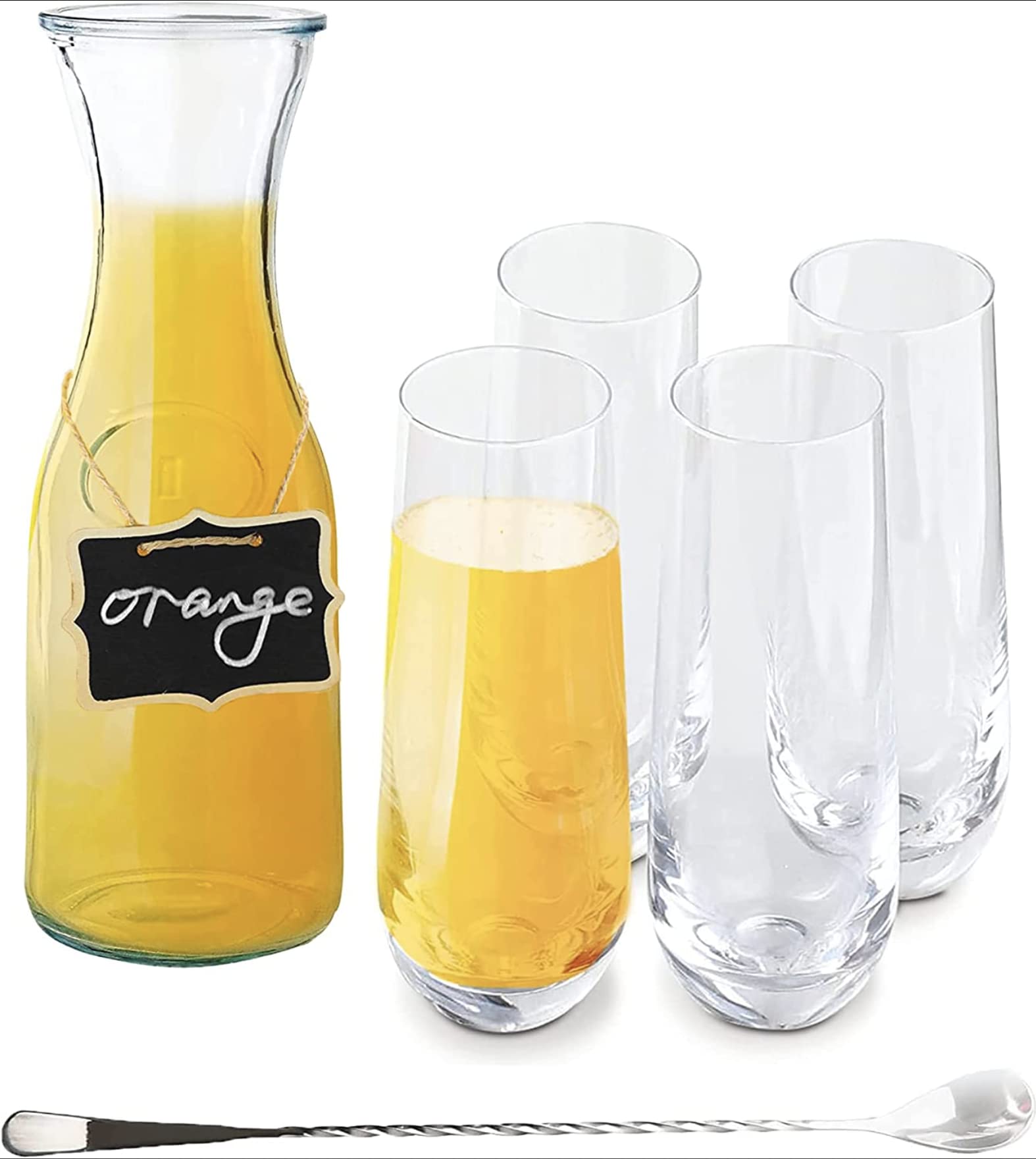 Premium Mimosa Bar Carafe Set - Includes 4 Mimosa Glasses, Chalkboard Label with Chalk & Stainless Steel Stir Stick | Perfect for Brunch Parties, Bridal Showers & Wedding Receptions