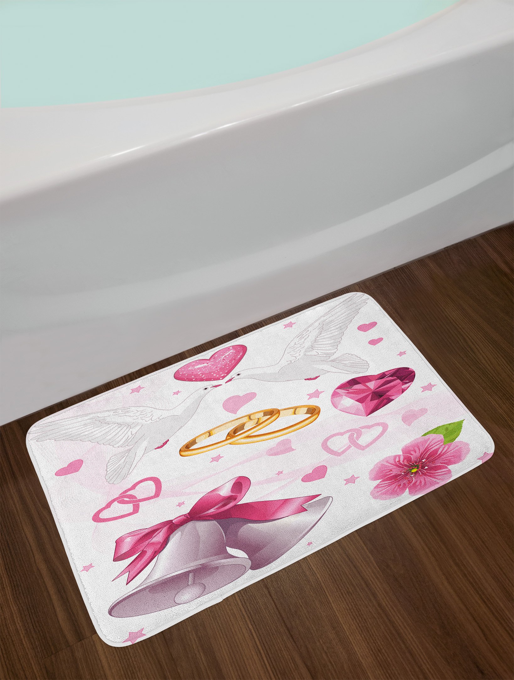 Ambesonne Plush Wedding Bath Mat - Non-Slip Bathroom Rug with Hearts, Rings & Birds Design, 30.2x20 Inches, Pink White Orange - Perfect for Bridal Showers, Anniversary Gifts & Romantic Home Decor