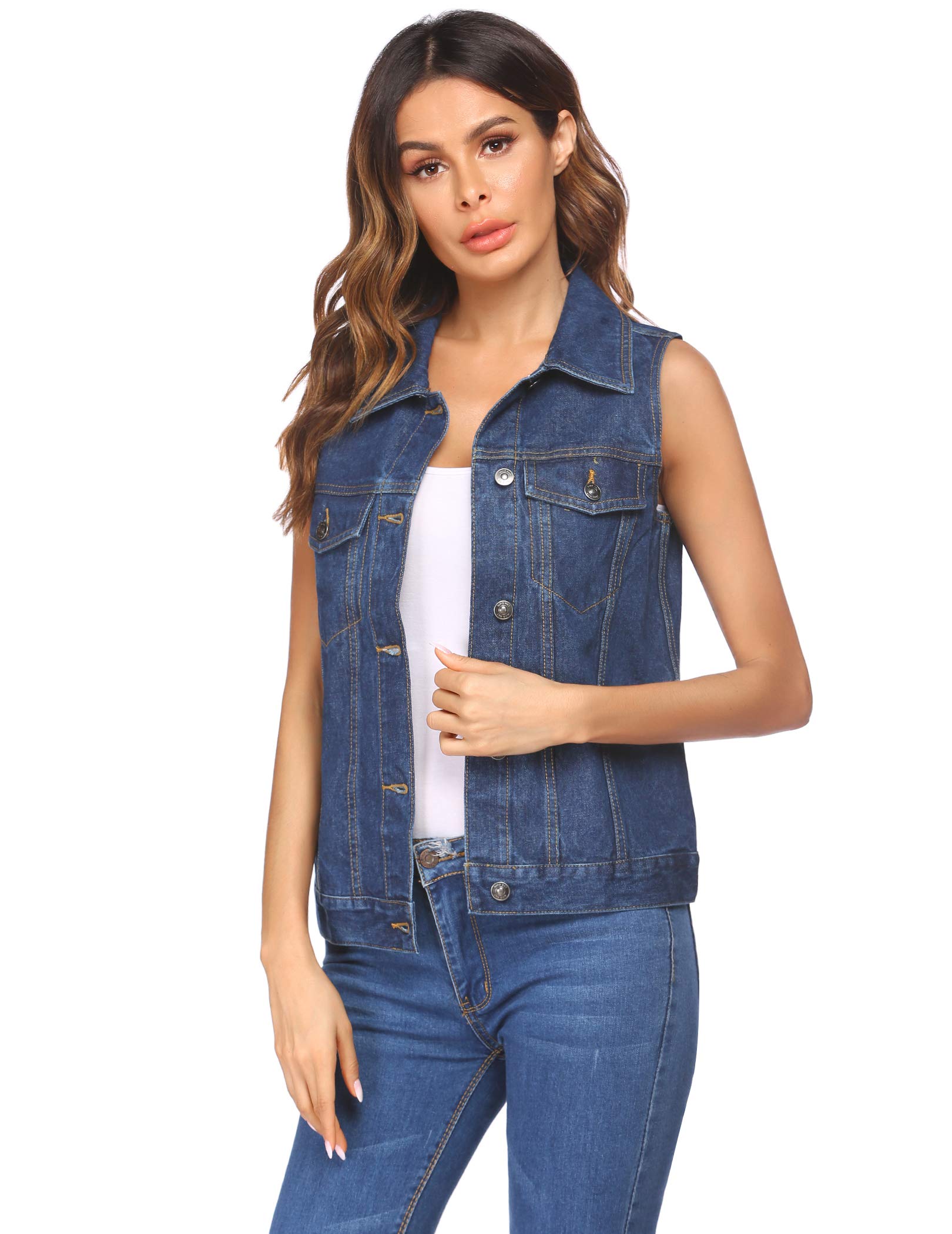 Women's Casual Denim Vest Sleeveless Jean Jacket with Chest Pockets - Navy Blue Small | Stylish Layering Piece for Spring & Summer Outfits, Perfect for Music Festivals & Streetwear Looks
