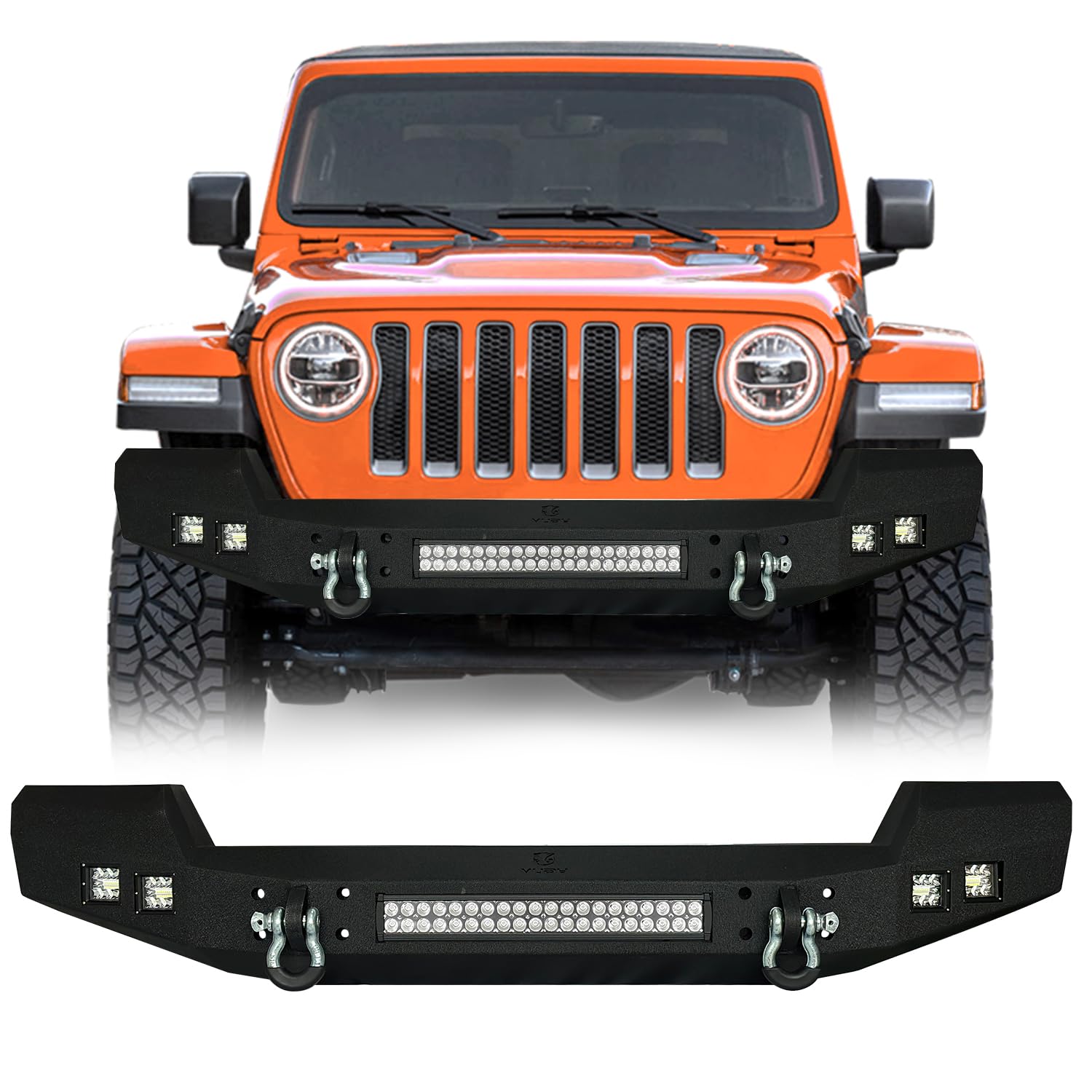 2007-2025 Jeep Wrangler JK/JKU/JL/JLU & 2020-2025 Gladiator JT Truck Front Bumper - Textured Black with 5 Aluminum LED Lights & 2 Heavy-Duty 4.75T D-Rings | Off-Road Protection & Adventure-Ready Accessory