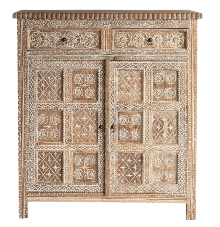 Hand Carved Solid Wooden Indian Cabinet - Traditional Handcrafted Storage for Home Decor, Living Room & Bedroom Organization