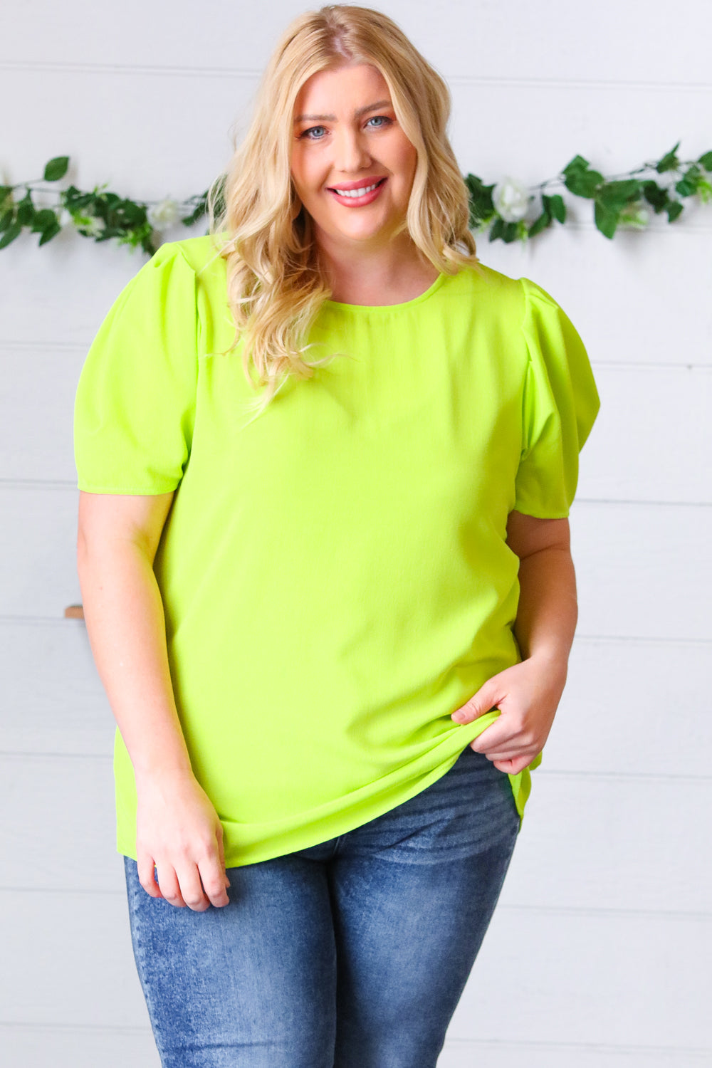 Stylish Neon Green Round Neck Puff Sleeve Crepe Blouse for Women | Trendy Casual & Party Wear | Perfect for Date Nights, Office Outfits & Summer Fashion