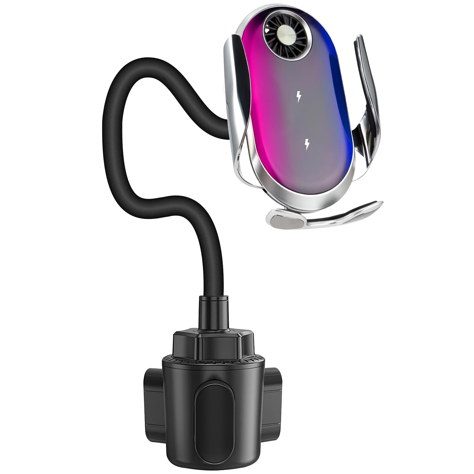 Wireless Car Charger Mount for Samsung Z Flip 5/4/3/2 & iPhone 15/14/13/12/11 - 15W Fast Charging with Auto-Clamping & Cooling Fan - Perfect for Cup Holder Installation & Safe Driving