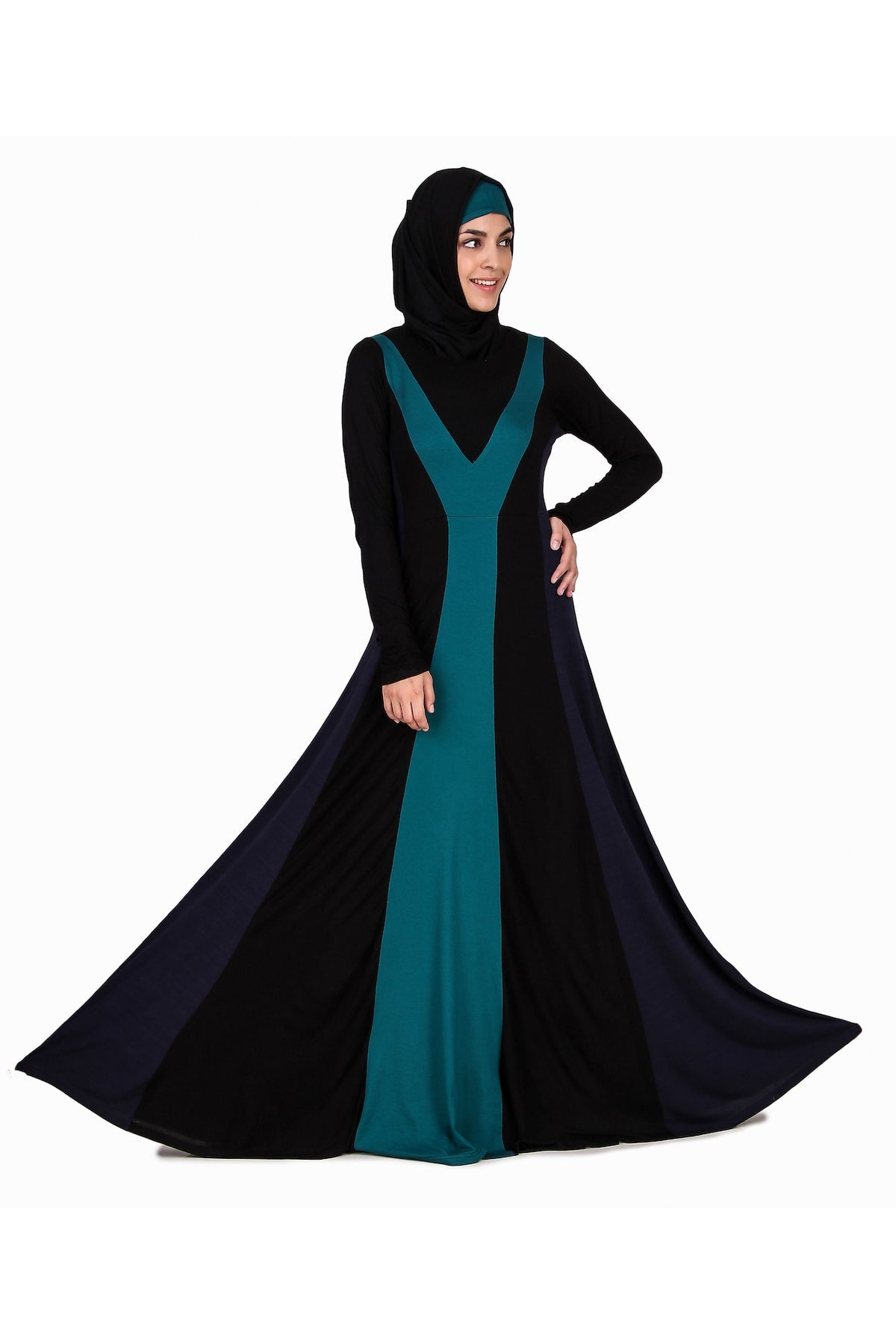 Colorblock Stripe Jersey Anarkali Abaya - Stylish Muslim Dress for Women, Elegant Long Sleeve Maxi Dress for Prayer, Eid, Wedding & Special Occasions