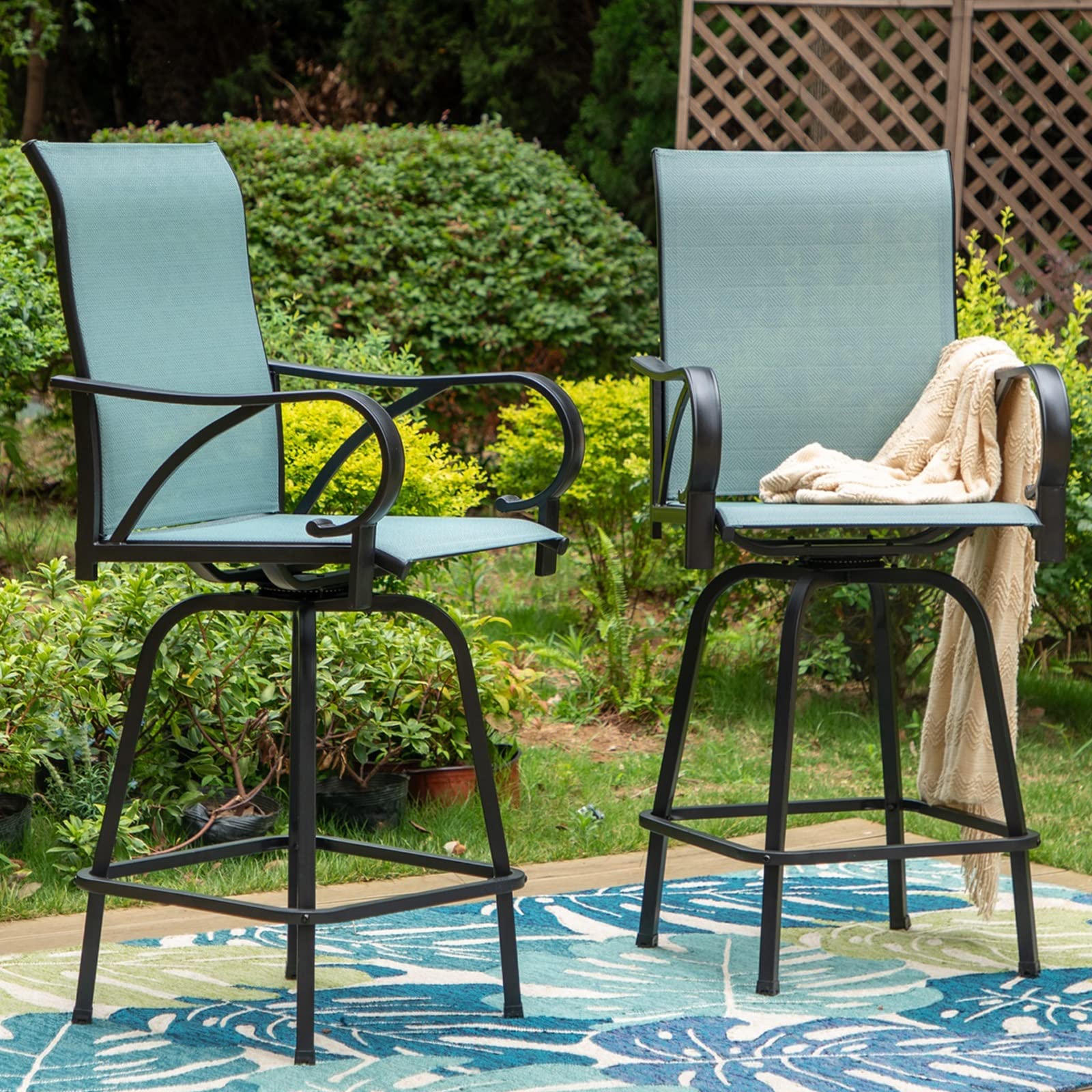 Sophia & William Outdoor Bar Stools Set of 2 - Swivel Bar Chairs with 300 lbs Weight Capacity, Tall Patio Chairs for Deck, Poolside or Backyard, Baby-Blue Fabric High Top Chairs - Perfect for Outdoor Dining, Entertaining or Relaxing