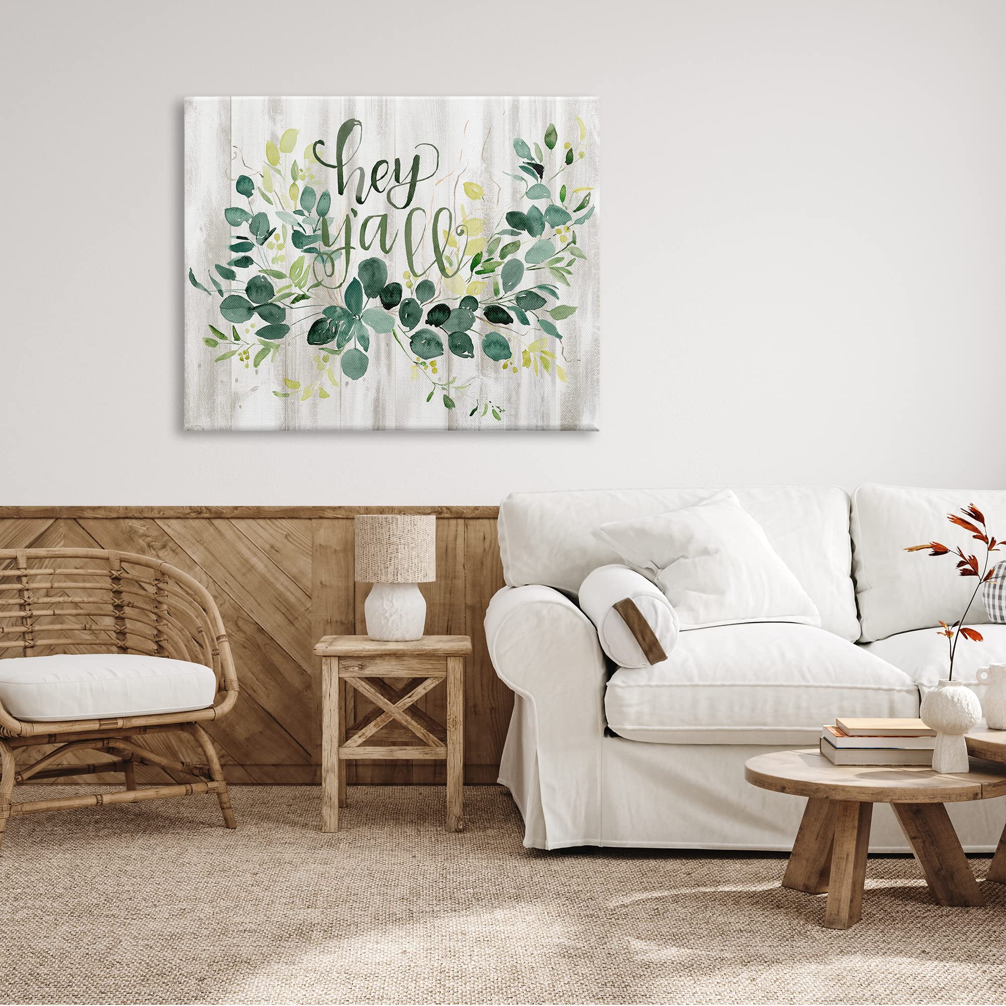 Stupell Industries 'Hey Y'all' Southern Sentiment Blooming Eucalyptus Plants Canvas Wall Art - 48x36 Inches, Green - Perfect for Farmhouse, Living Room, and Bedroom Decor