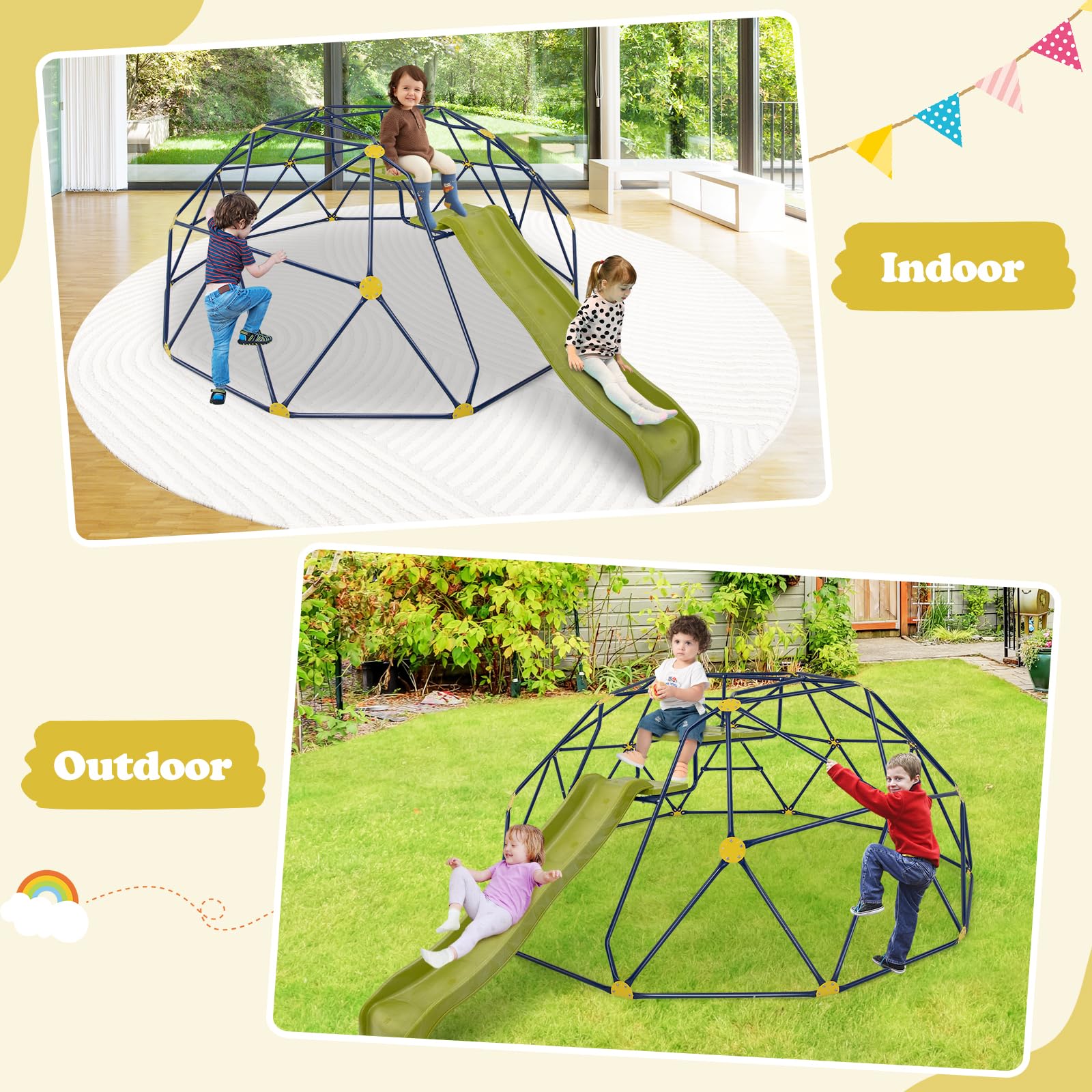 HONEY JOY 10FT Outdoor Climbing Dome with Wave Slide - Kids Jungle Gym Monkey Bars for Backyard, Geometric Dome Climber Playground Equipment for Toddlers Age 3-8 | Perfect Birthday Gift for Boys & Girls | Ideal for Outdoor Play, Backyard Adventures, and Preschool Playgrounds
