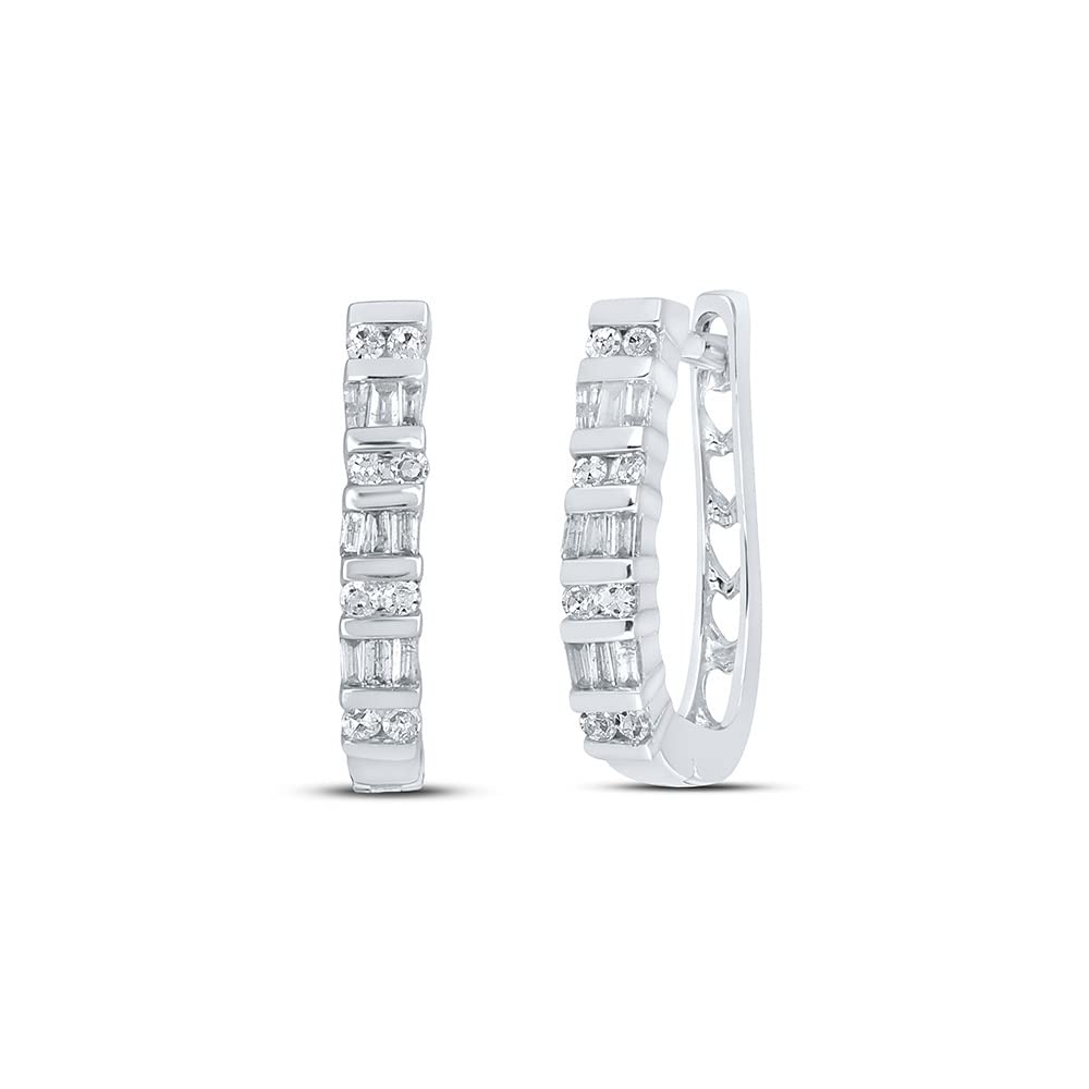 Sterling Silver Women's Baguette & Round Diamond Hoop Earrings 1/4 CTTW - Elegant Everyday & Special Occasion Jewelry Gift