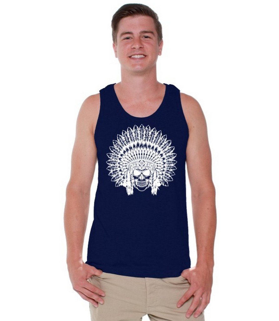 Awkwardstyles Men's Headdress Graphic Tank Top - White Indian Sugar Skull Design | Cool Casual Summer Tee for Music Festivals & Streetwear Outfits