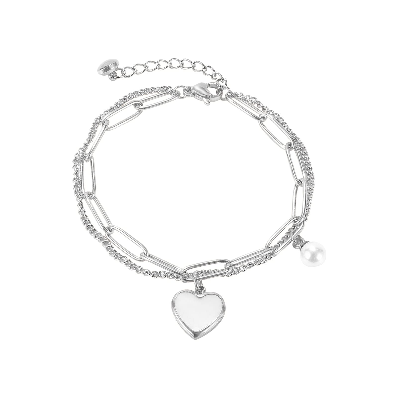 KEERADS Women's Gold Heart Pendant Bracelet - Stainless Steel Adjustable Chain Cuff Bangle Jewelry for Everyday Wear, Gift Giving & Special Occasions (Silver, One Size)