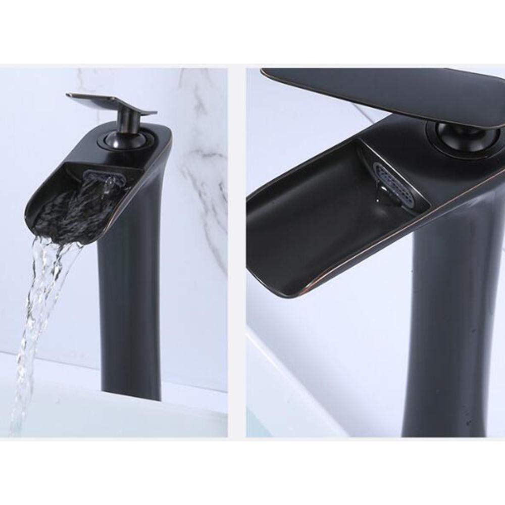 Tall Waterfall Basin Mixer Tap - Brass Single Hole Bathroom Sink Faucet with Hot & Cold Water - Above Counter Black Bathroom Sink Tap for Modern Vanities & Luxury Bathrooms