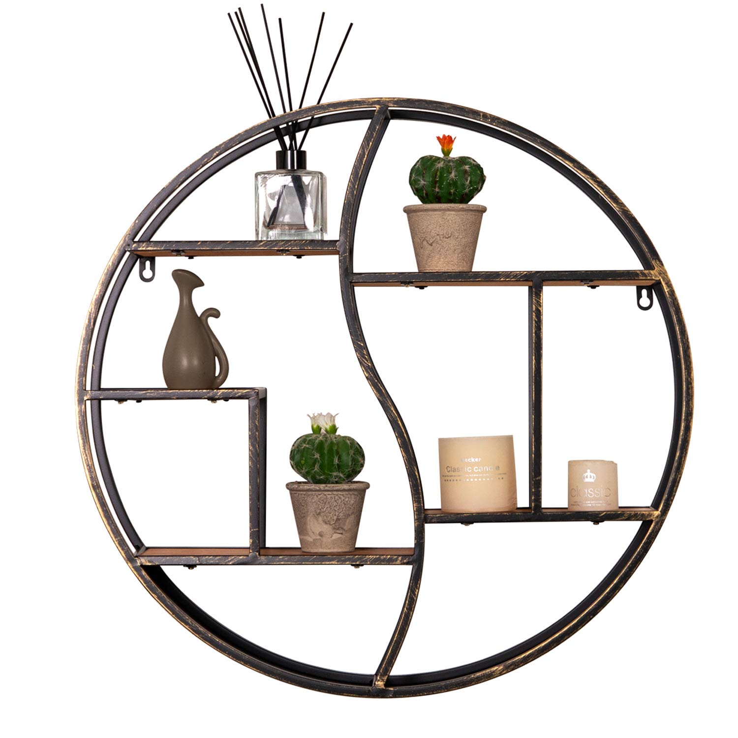 24 Inch Round Wall Shelf - Rustic Metal & Wood Floating Shelf for Fireplace, Living Room, Bathroom Decor | Wall Mounted Display Organizer for Home, Office & Dorm Room Decorating