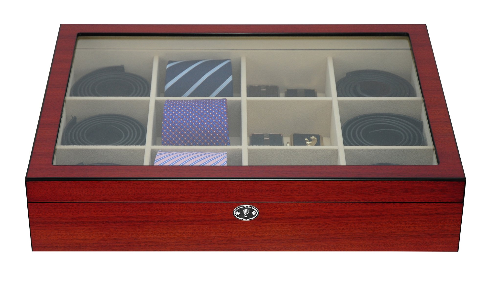 Cherry Wood Display Case for 12 Ties, Belts & Accessories - Premium Storage Box for Men | Perfect Father's Day Gift & Home Office Organization Solution