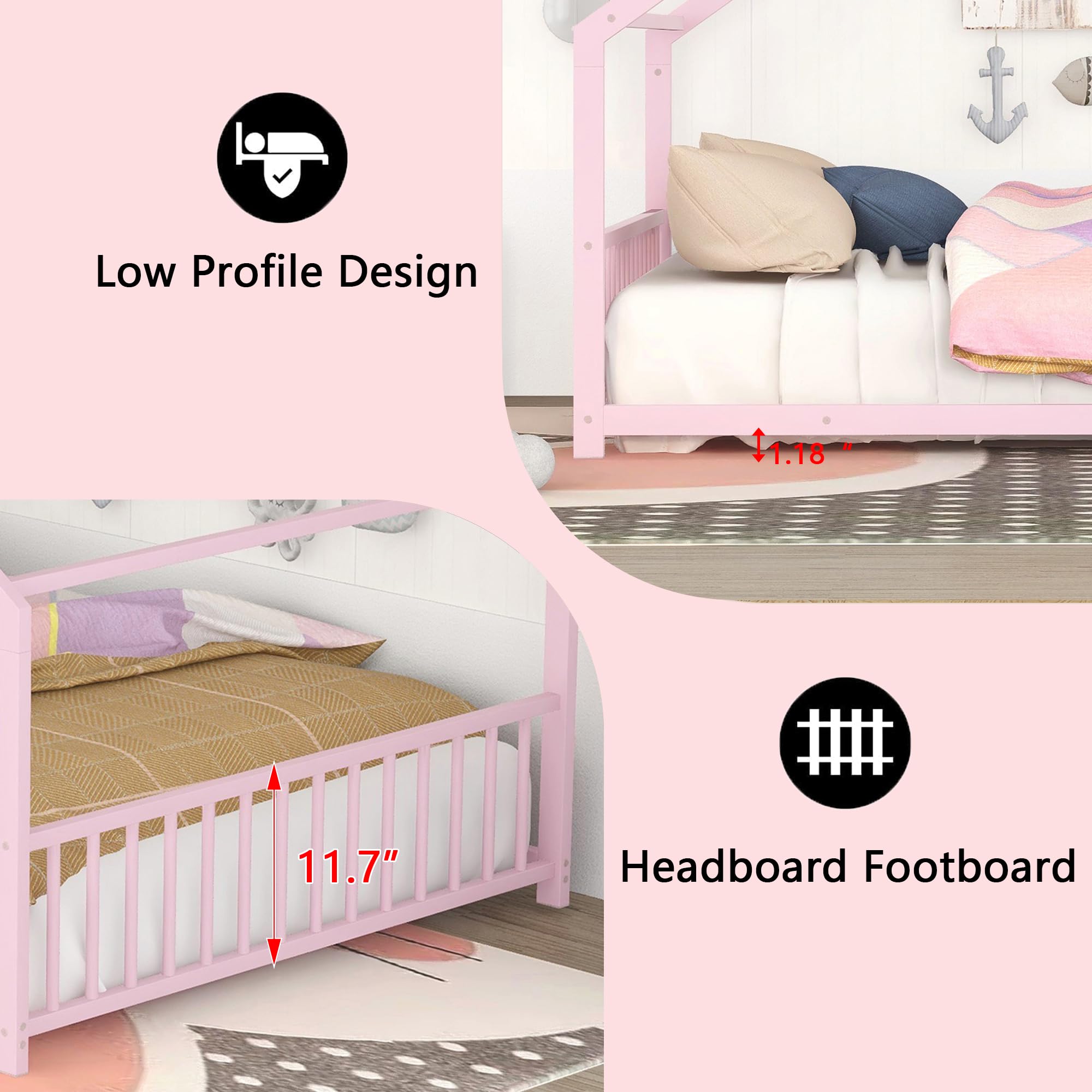 Montessori Full Size Floor Bed Frame with Headboard & Slats - Kids House Bed for Boys & Girls (Pink) | Safe Toddler Bedroom Furniture for Montessori Learning & Play Areas