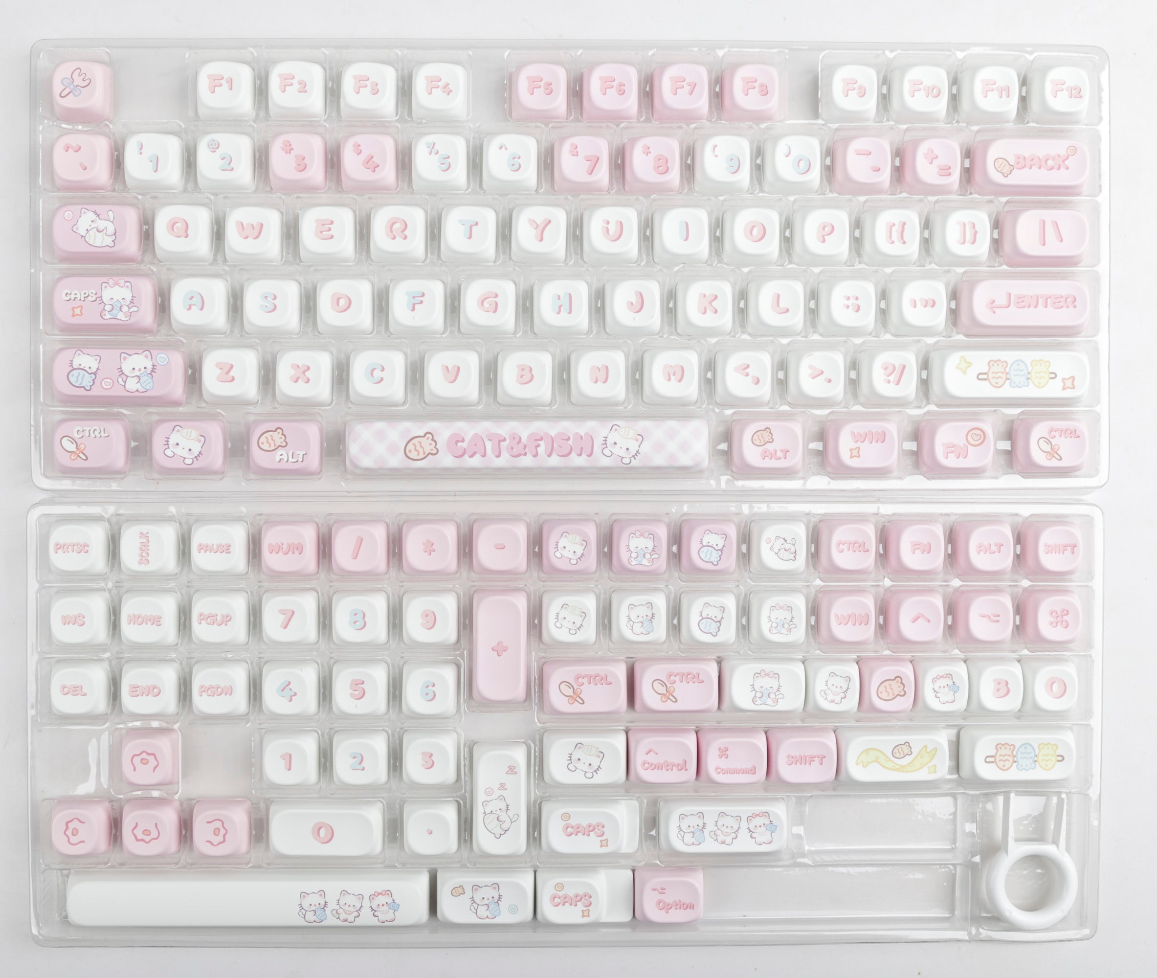 Pink MOA High MAC Heat Sublimation Custom Keycap Set - Cute Kitten Eating Fish Design for Mechanical Keyboards | Perfect for Gaming, Typing & Office Use