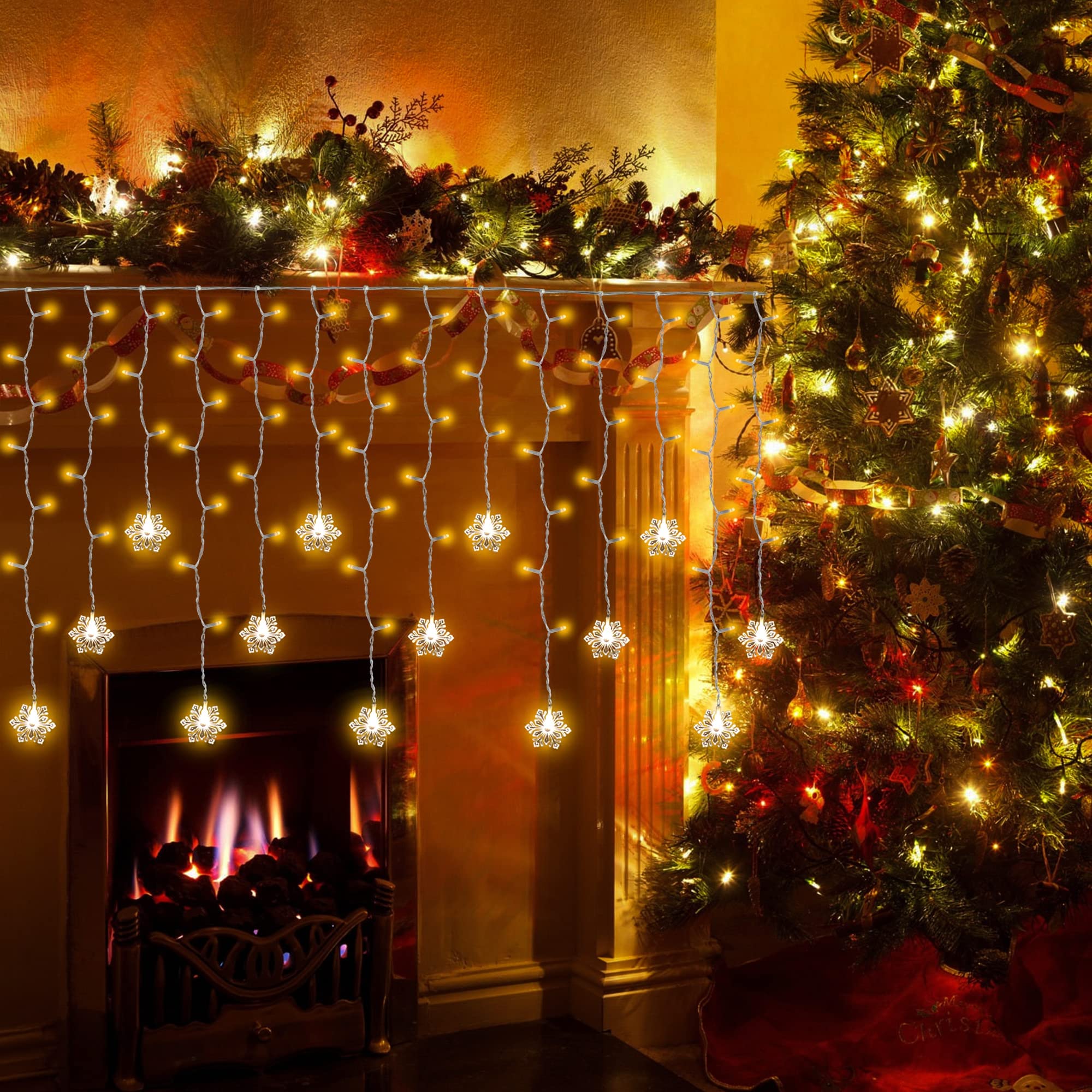 150 LED Icicle Lights with Snowflake - 8 Twinkle Modes Curtain Fairy Lights for Outdoor Christmas, Holiday, Wedding, Party, Garden, Porch, and Indoor Home Decoration (Warm White)