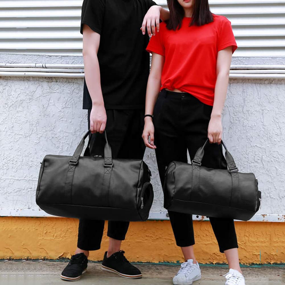 Waterproof Unisex Travel Duffel Bag - Large Capacity Gym Tote Shoulder Bag in Black Faux Leather | Perfect for Fitness, Travel & Outdoor Adventures